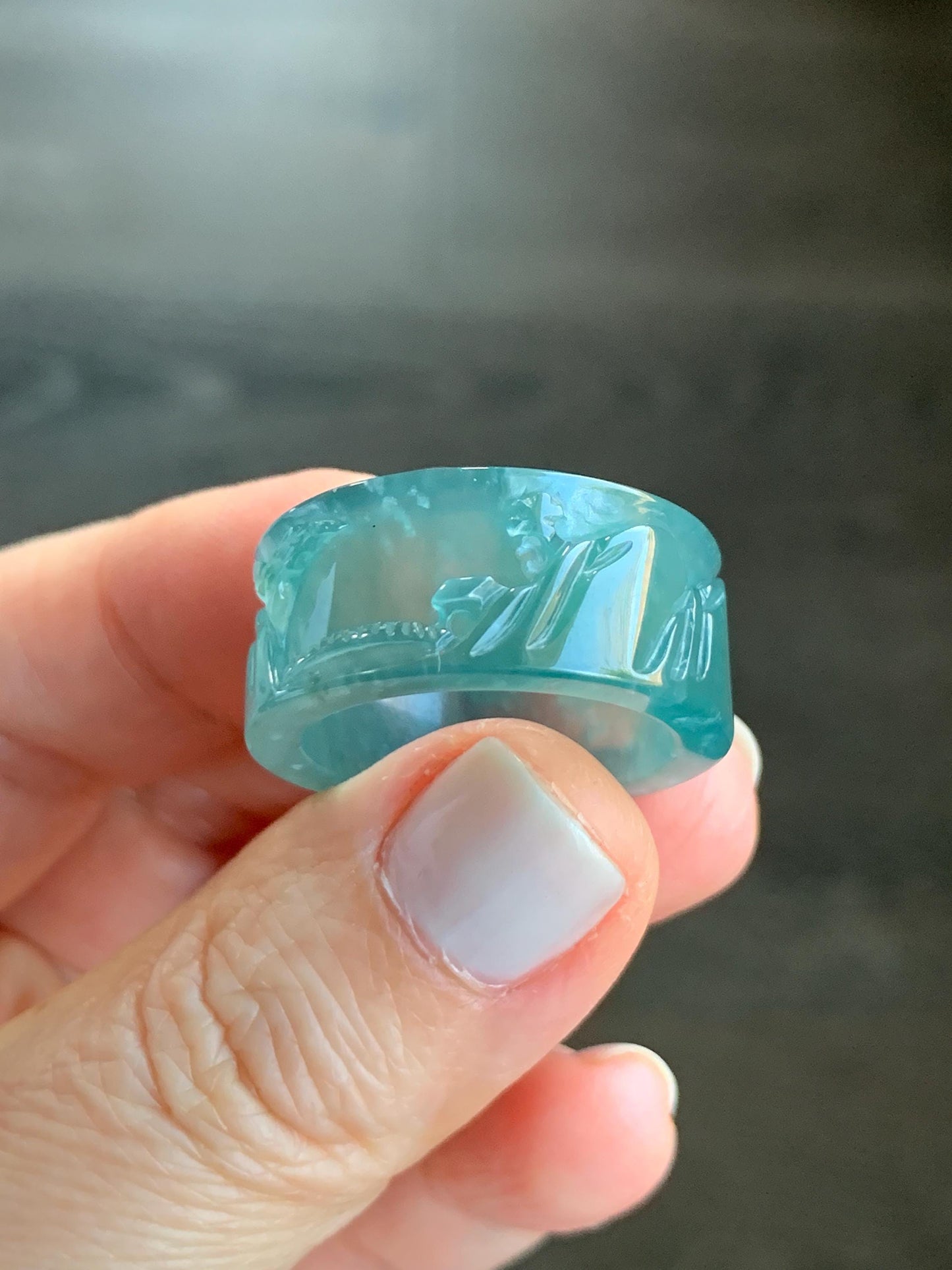 Certified Natural Guatemalan Icy Highly Translucent Dark Teal Green Jadeite Engraved Shan Shui Band Ring Banzhi Size 10