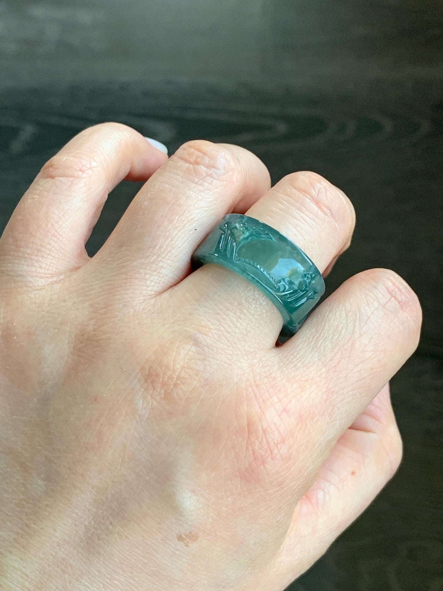 Certified Natural Guatemalan Icy Highly Translucent Dark Teal Green Jadeite Engraved Shan Shui Band Ring Banzhi Size 10 天然高冰危蓝绿翡翠山水戒圈 1689