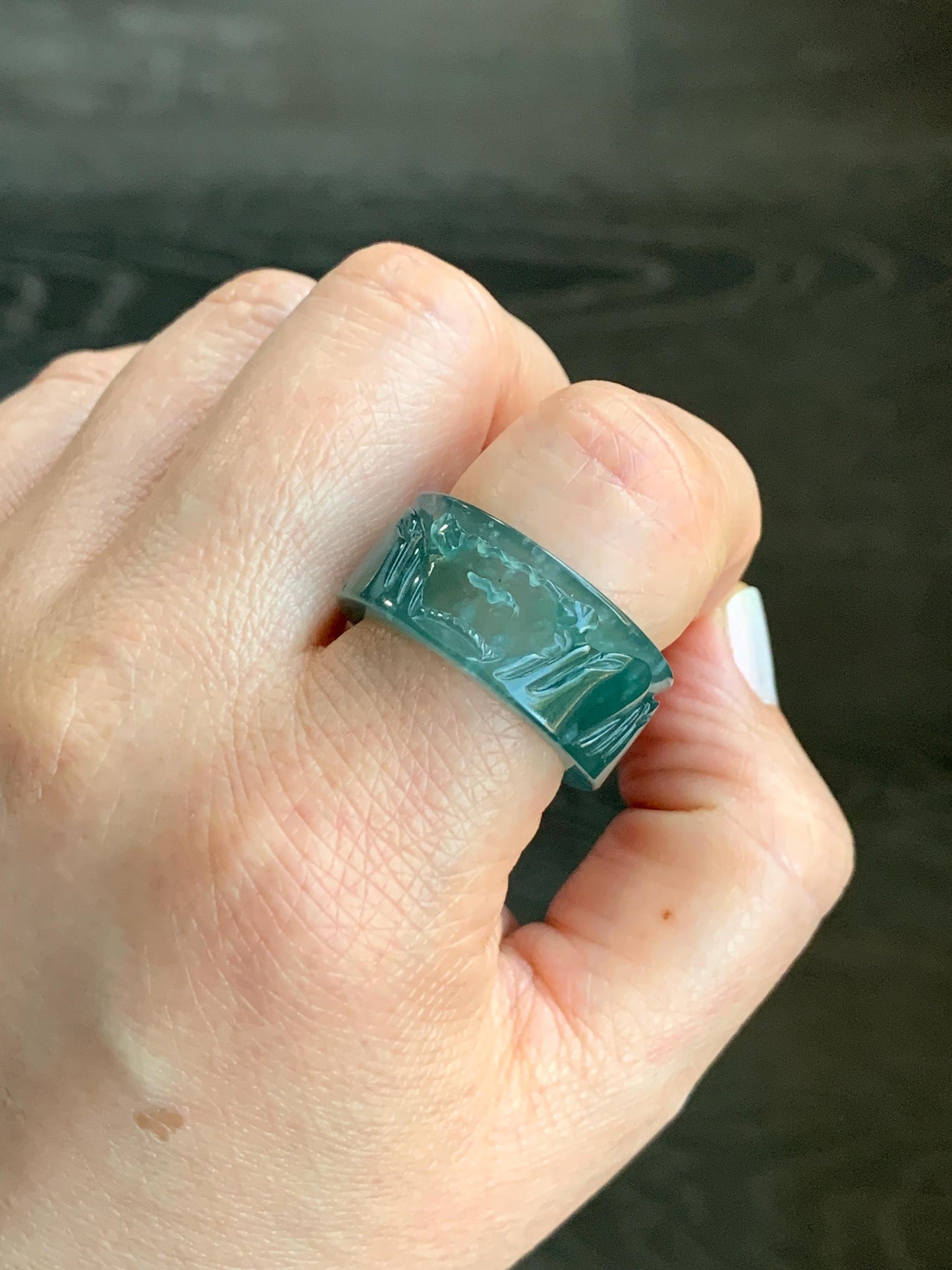 Certified Natural Guatemalan Icy Highly Translucent Dark Teal Green Jadeite Engraved Shan Shui Band Ring Banzhi Size 10 天然高冰危蓝绿翡翠山水戒圈 1689