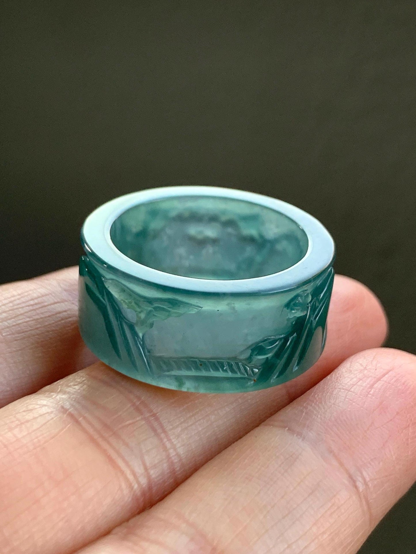 Certified Natural Guatemalan Icy Highly Translucent Dark Teal Green Jadeite Engraved Shan Shui Band Ring Banzhi Size 10