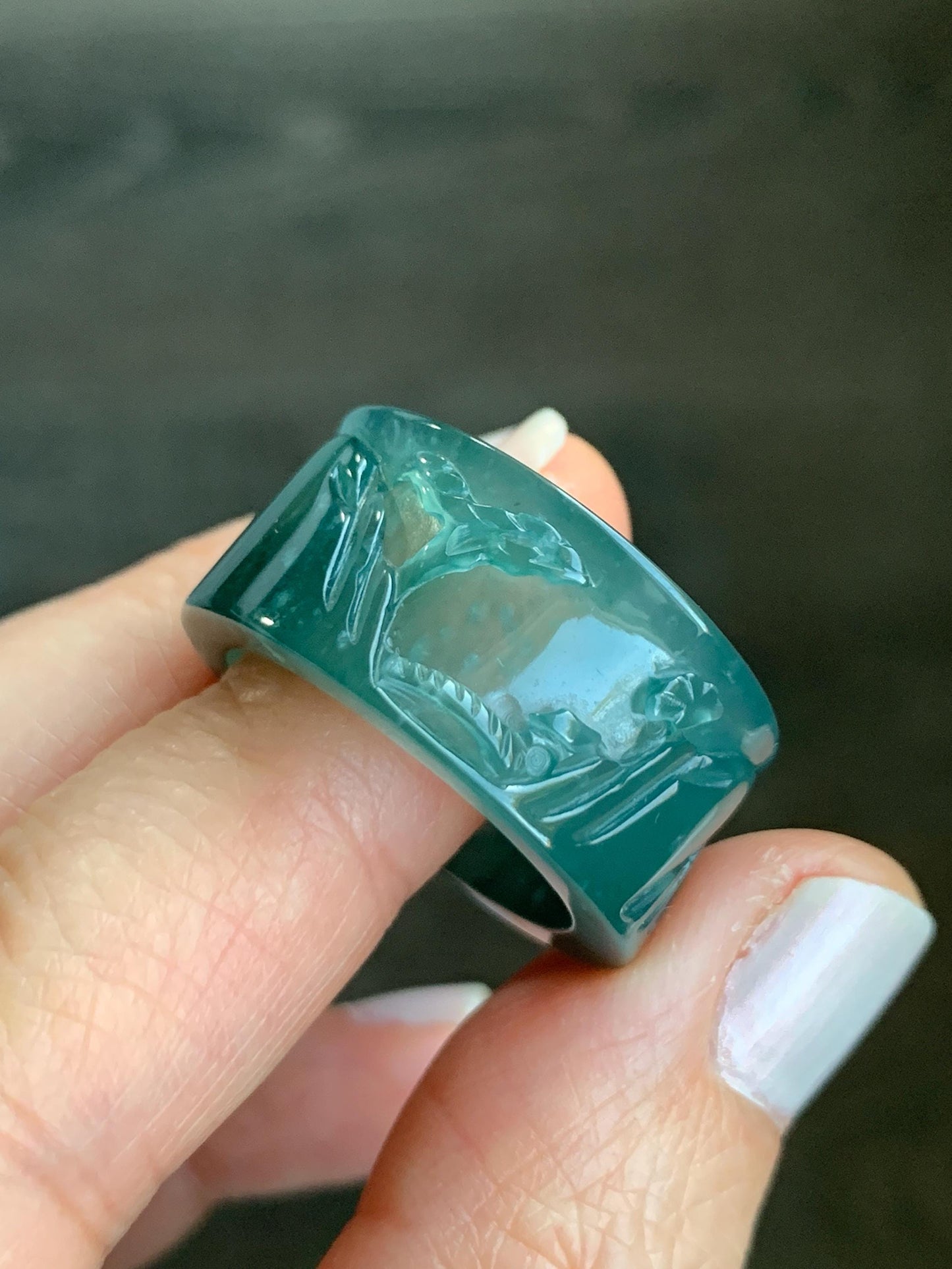 Certified Natural Guatemalan Icy Highly Translucent Dark Teal Green Jadeite Engraved Shan Shui Band Ring Banzhi Size 10