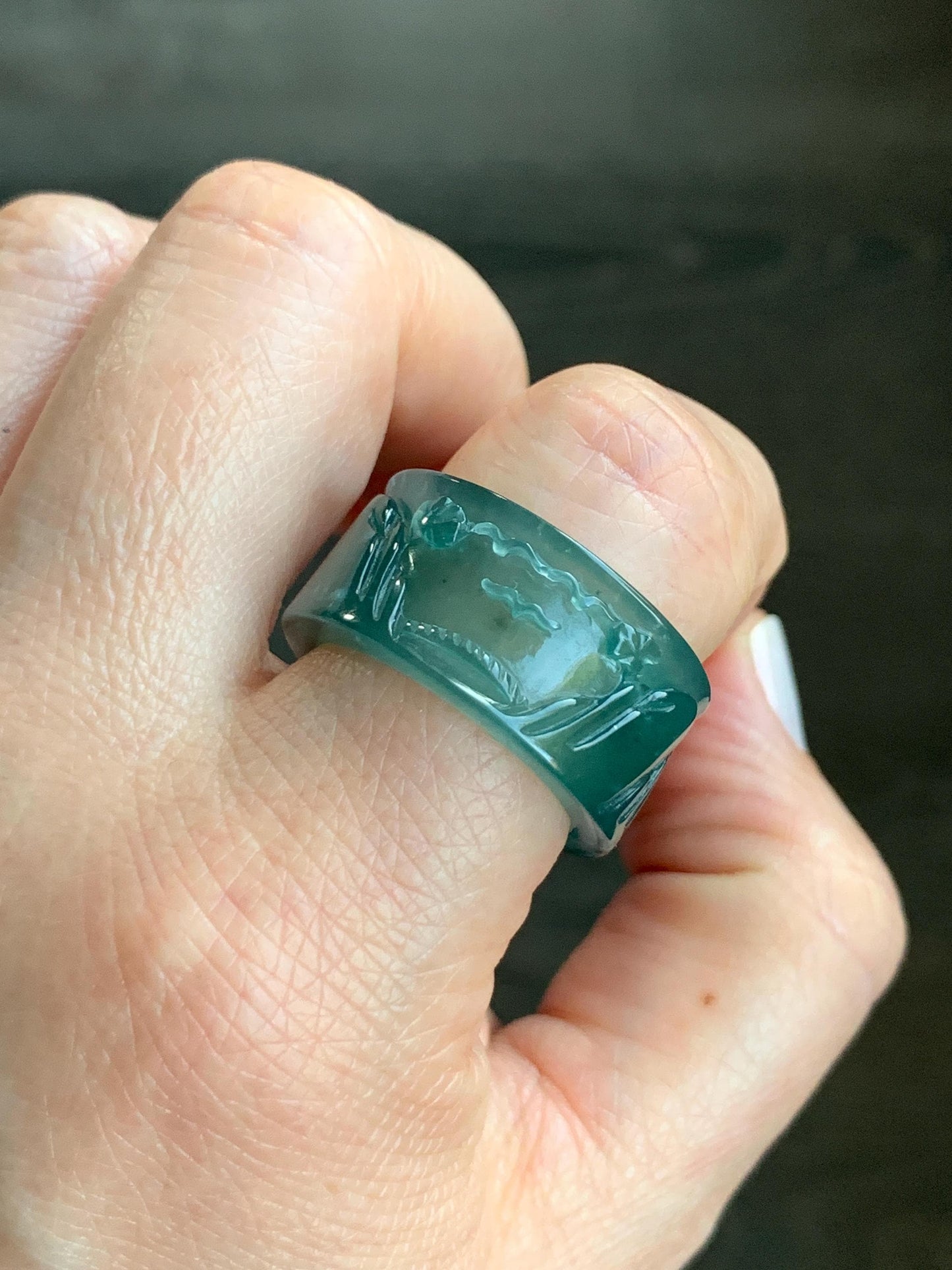 Certified Natural Guatemalan Icy Highly Translucent Dark Teal Green Jadeite Engraved Shan Shui Band Ring Banzhi Size 10