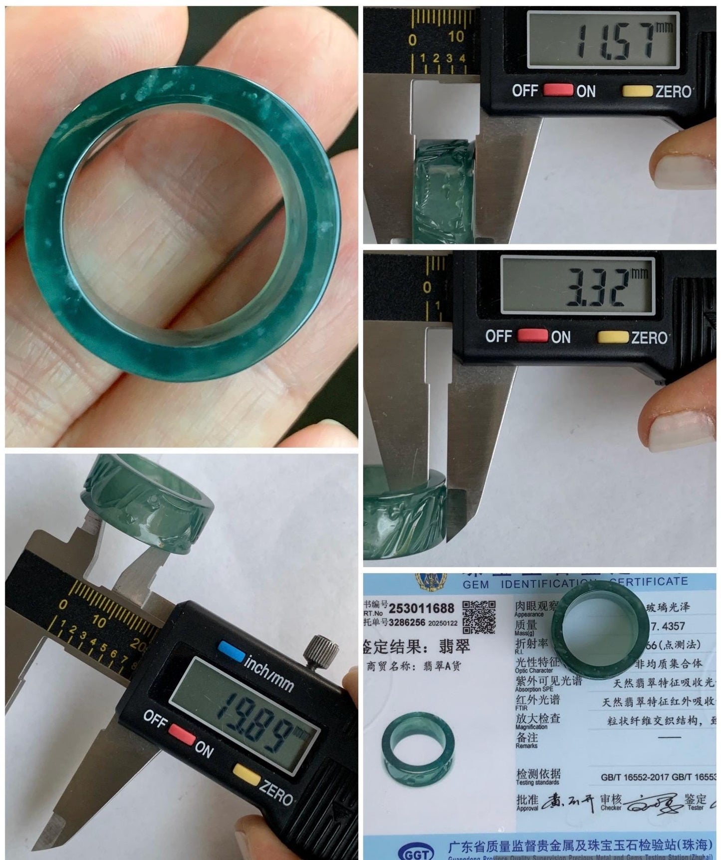 Certified Natural Guatemalan Icy Highly Translucent Dark Teal Green Jadeite Engraved Shan Shui Band Ring Banzhi Size 10 天然高冰危蓝绿翡翠山水戒圈 1688