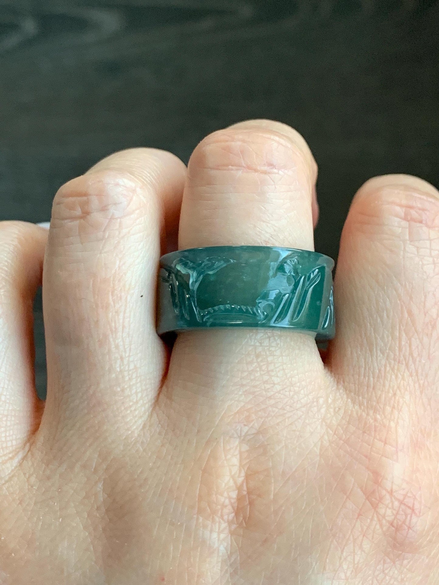 Certified Natural Guatemalan Icy Highly Translucent Dark Teal Green Jadeite Engraved Shan Shui Band Ring Banzhi Size 10