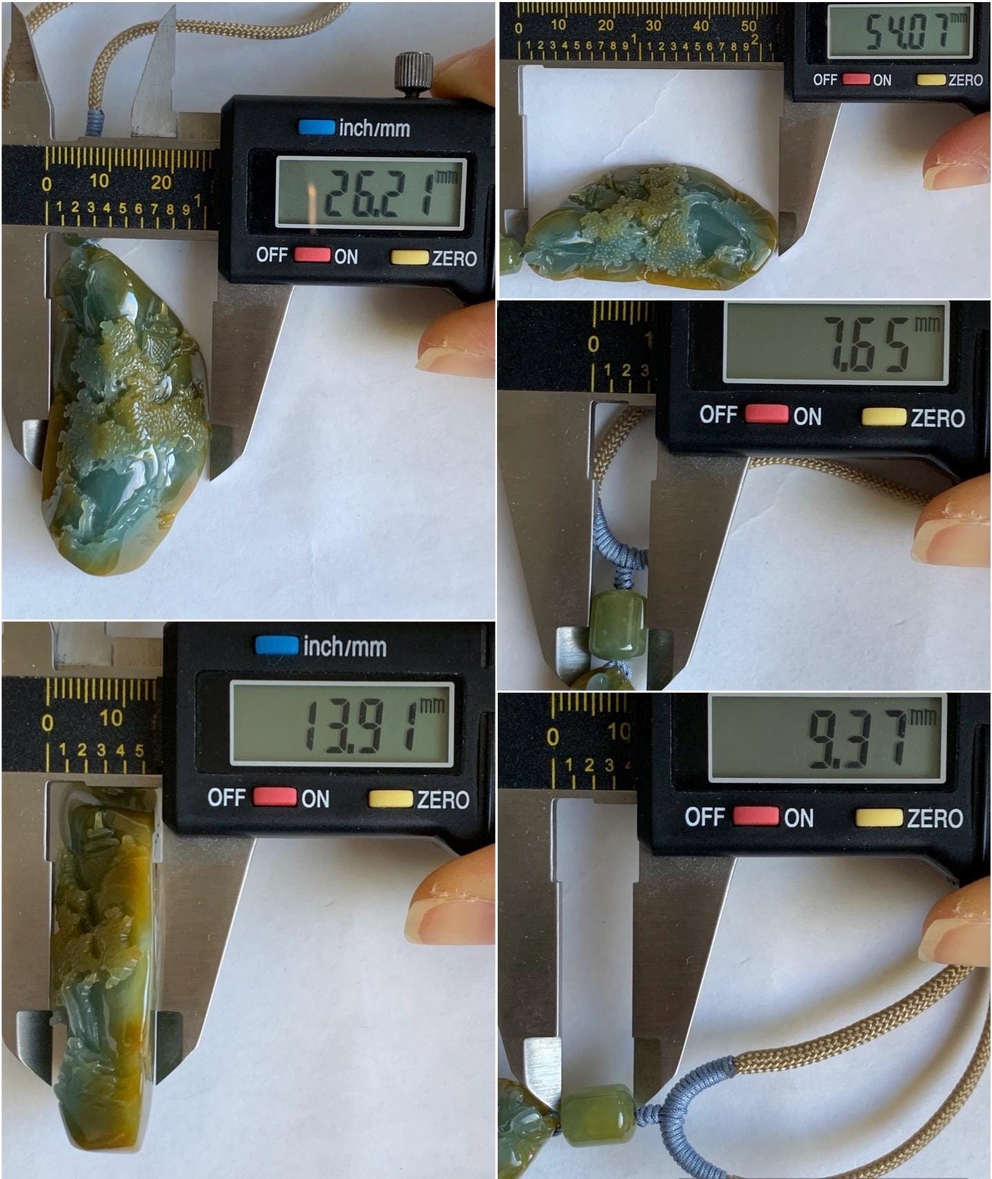 Natural Grade A Icy Translucent Blue & Yellow Bicolored Jadeite Carved Shan Shui Landscape Pendant Rope Necklace 28" 天然冰危蓝加黄翡翠精工雕吊坠