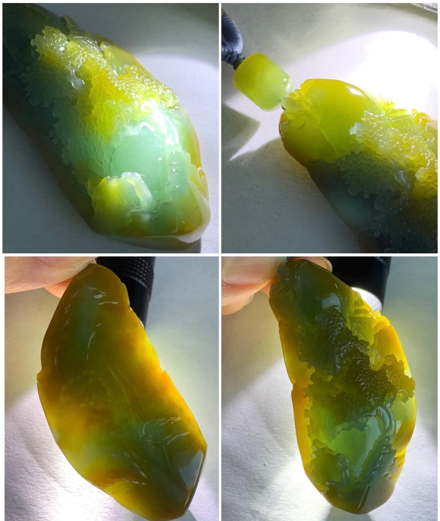 Natural Grade A Icy Translucent Blue & Yellow Bicolored Jadeite Carved Shan Shui Landscape Pendant Rope Necklace 28" 天然冰危蓝加黄翡翠精工雕吊坠