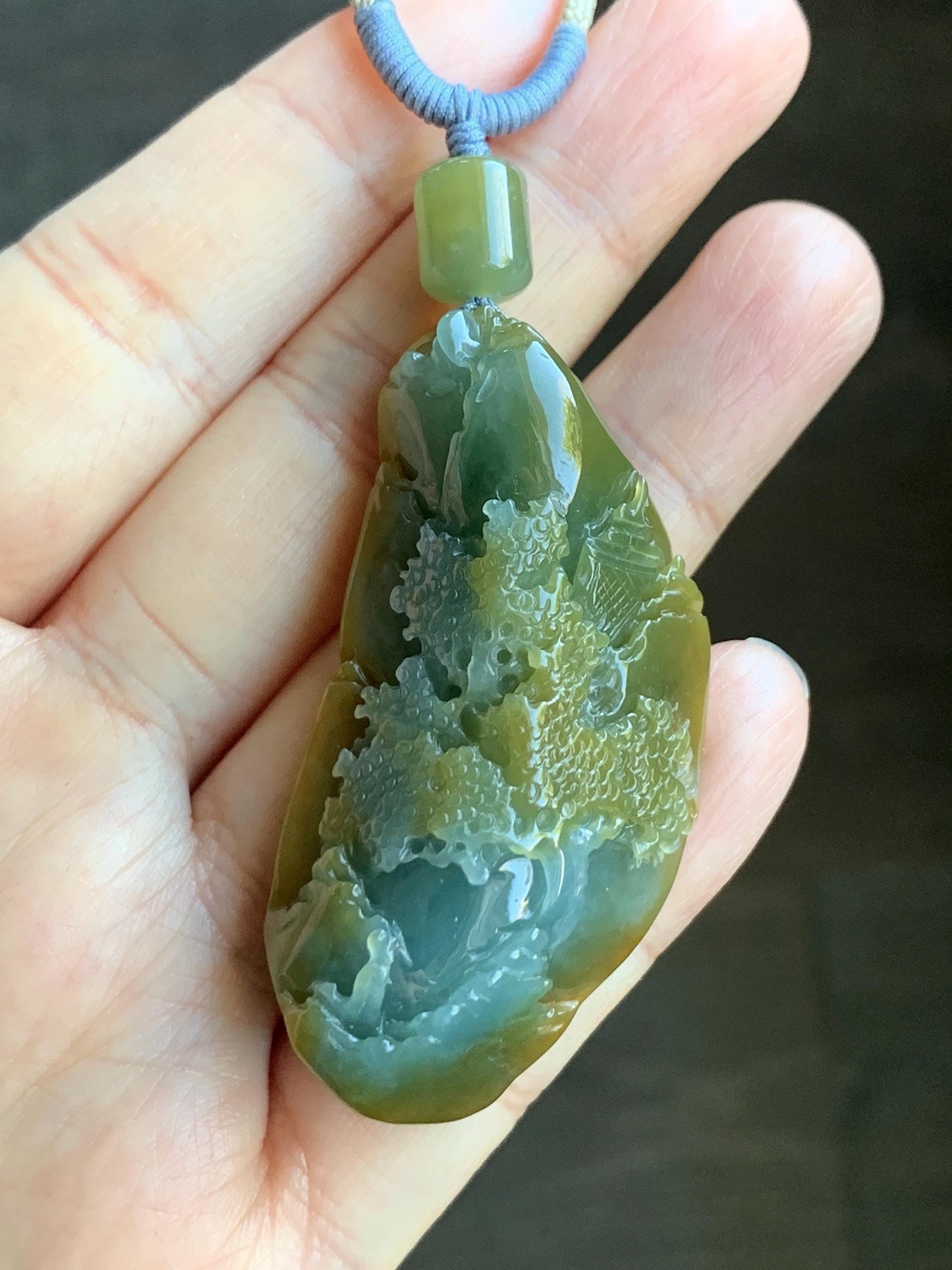 Natural Grade A Icy Translucent Blue & Yellow Bicolored Jadeite Carved Shan Shui Landscape Pendant Rope Necklace 28" 天然冰危蓝加黄翡翠精工雕吊坠