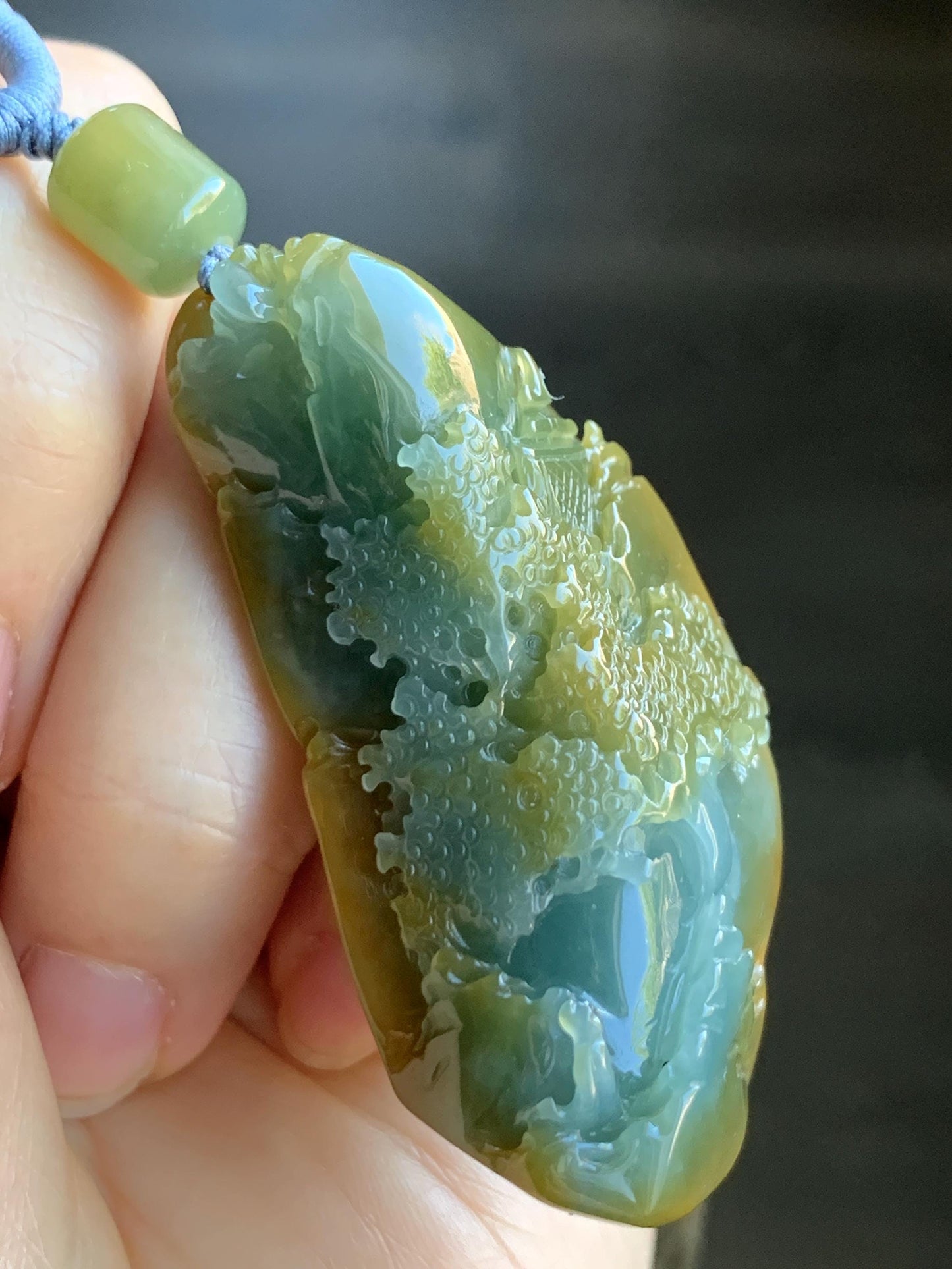 Natural Grade A Icy Translucent Blue & Yellow Bicolored Jadeite Carved Shan Shui Landscape Pendant Rope Necklace 28" 天然冰危蓝加黄翡翠精工雕吊坠