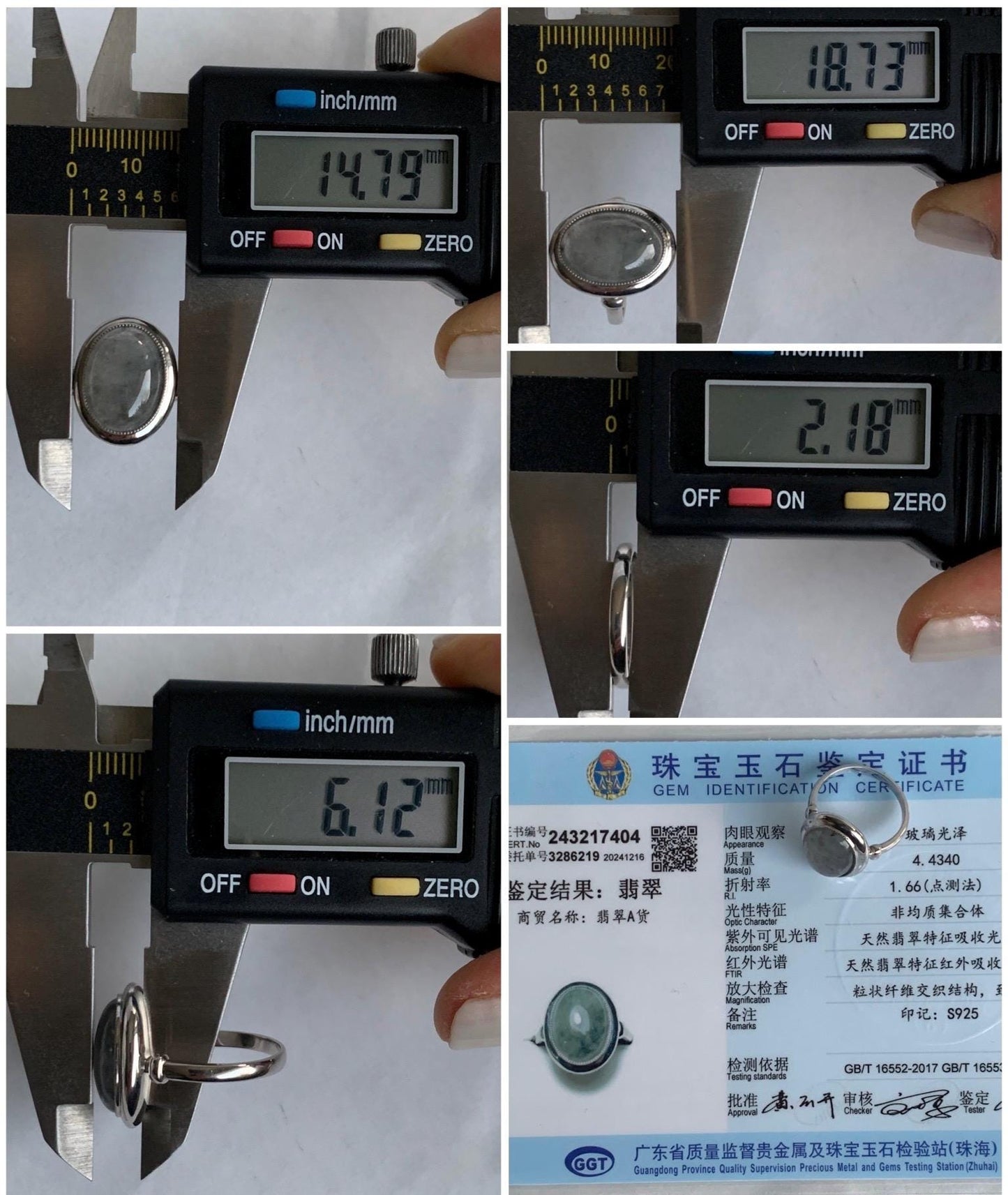 Certified Natural Grade A Icy Translucent Gelatinous Wuji Oval Jadeite Solitaire Ring Sterling Silver Size 7.25 US 4.43g 天然冰胶乌鸡翡翠镶嵌戒指 7404