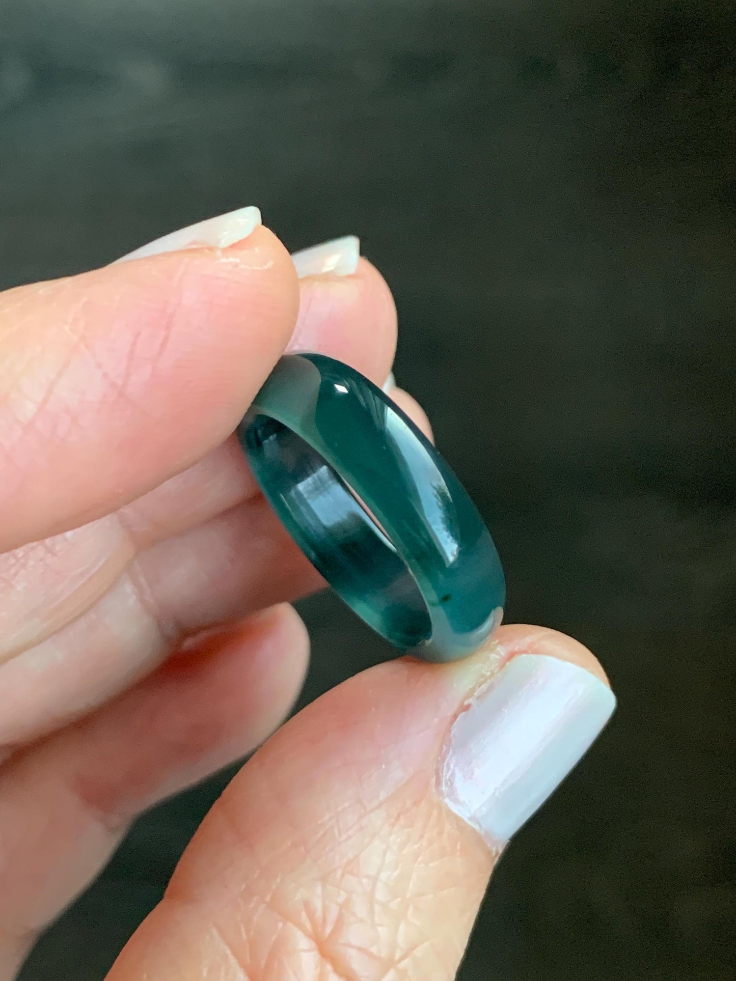 Natural Grade A Guatemalan Icy Highly Translucent Dark Teal Blue Jadeite Band Ring Size 6 US 天然冰危深蓝翡翠戒圈 SWL120B