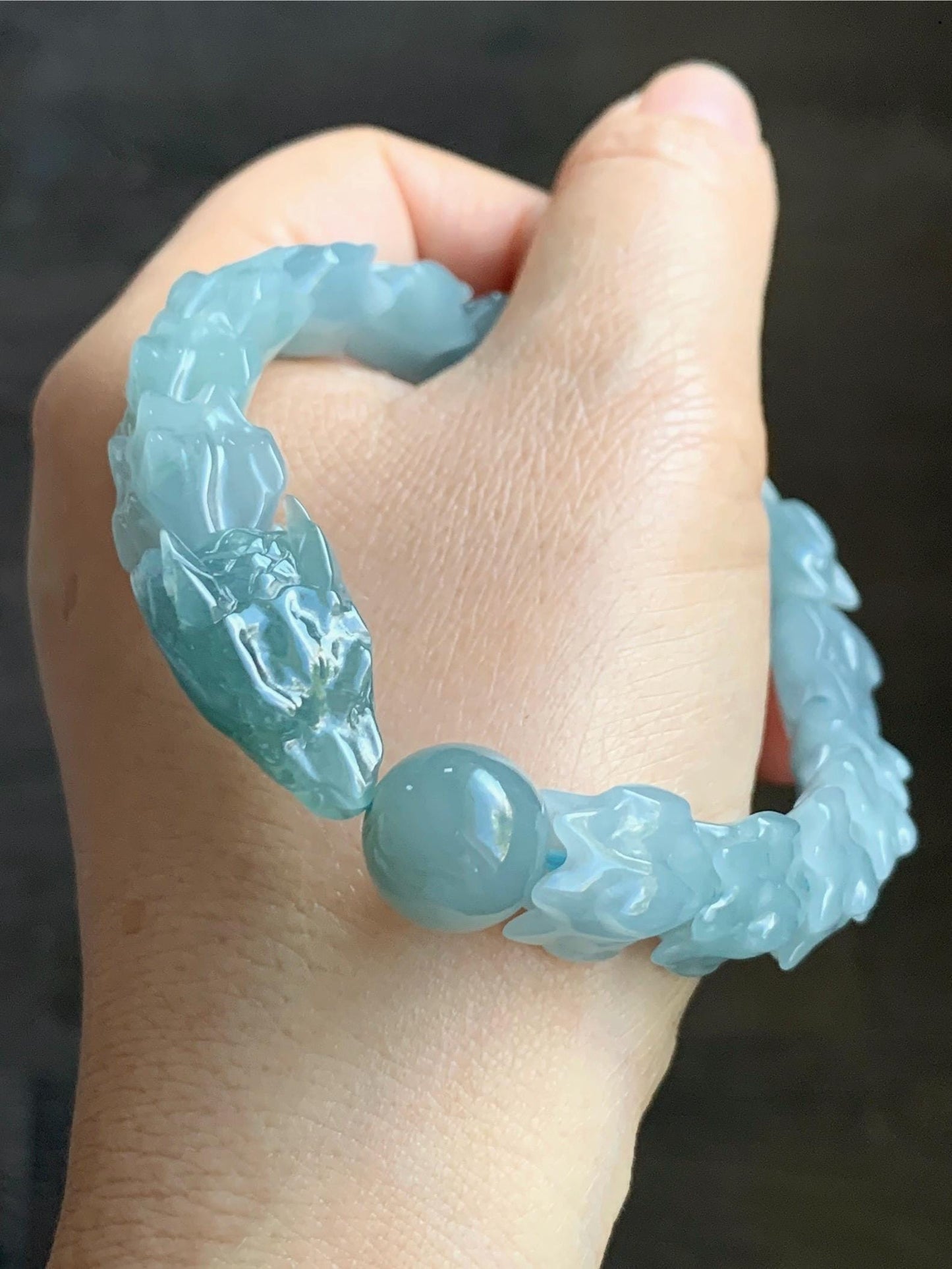 Natural Guatemalan Icy Translucent Gelatinous Dusty Light Blue Jadeite Carved Dragon Bone & Sphere Beaded Bracelet 7.5” 45g 天然冰胶危淡蓝翡翠龙骨翡翠珠手串
