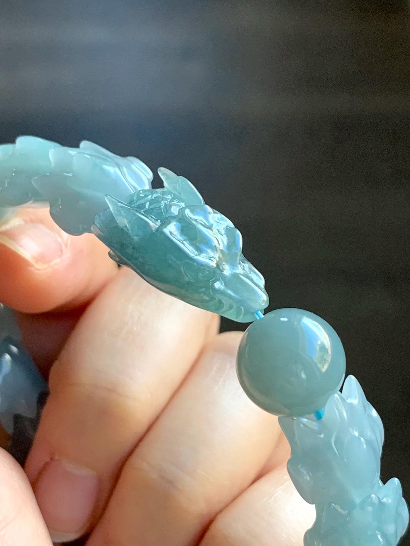 Natural Guatemalan Icy Translucent Gelatinous Dusty Light Blue Jadeite Carved Dragon Bone & Sphere Beaded Bracelet 7.5” 45g 天然冰胶危淡蓝翡翠龙骨翡翠珠手串