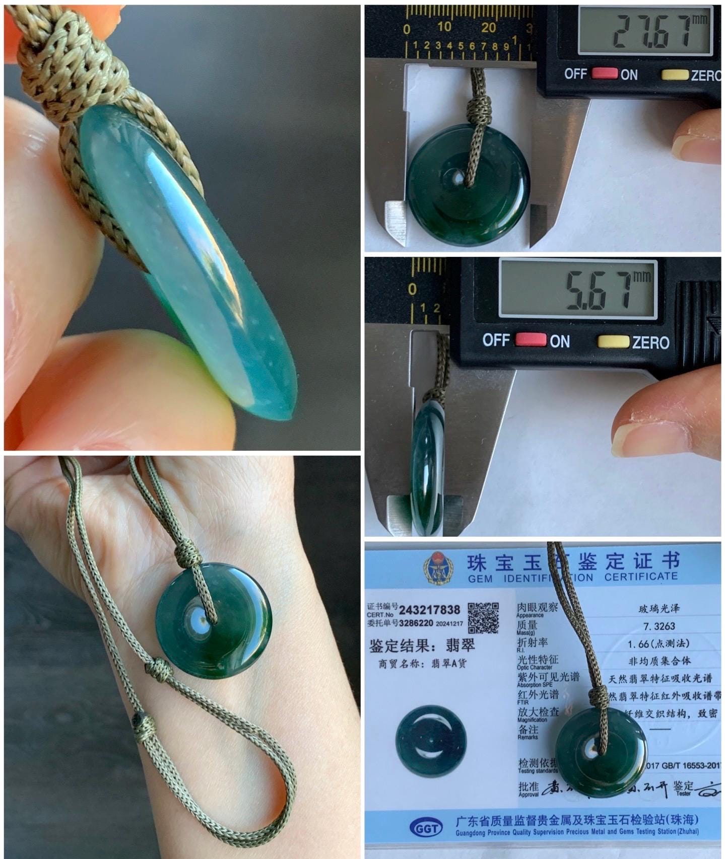 Certified Natural Icy Highly Translucent Premium Dark Teal Blue & Green Marbled Jadeite Ping An Kou Donut Pendant Rope Necklace 28” 7838