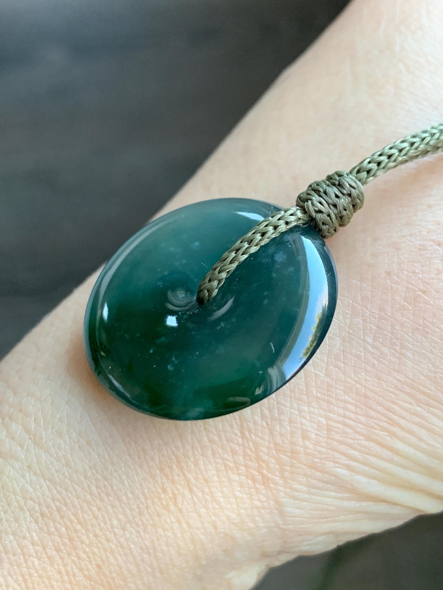 Certified Natural Icy Highly Translucent Premium Dark Teal Blue & Green Marbled Jadeite Ping An Kou Donut Pendant Rope Necklace 28” 7838