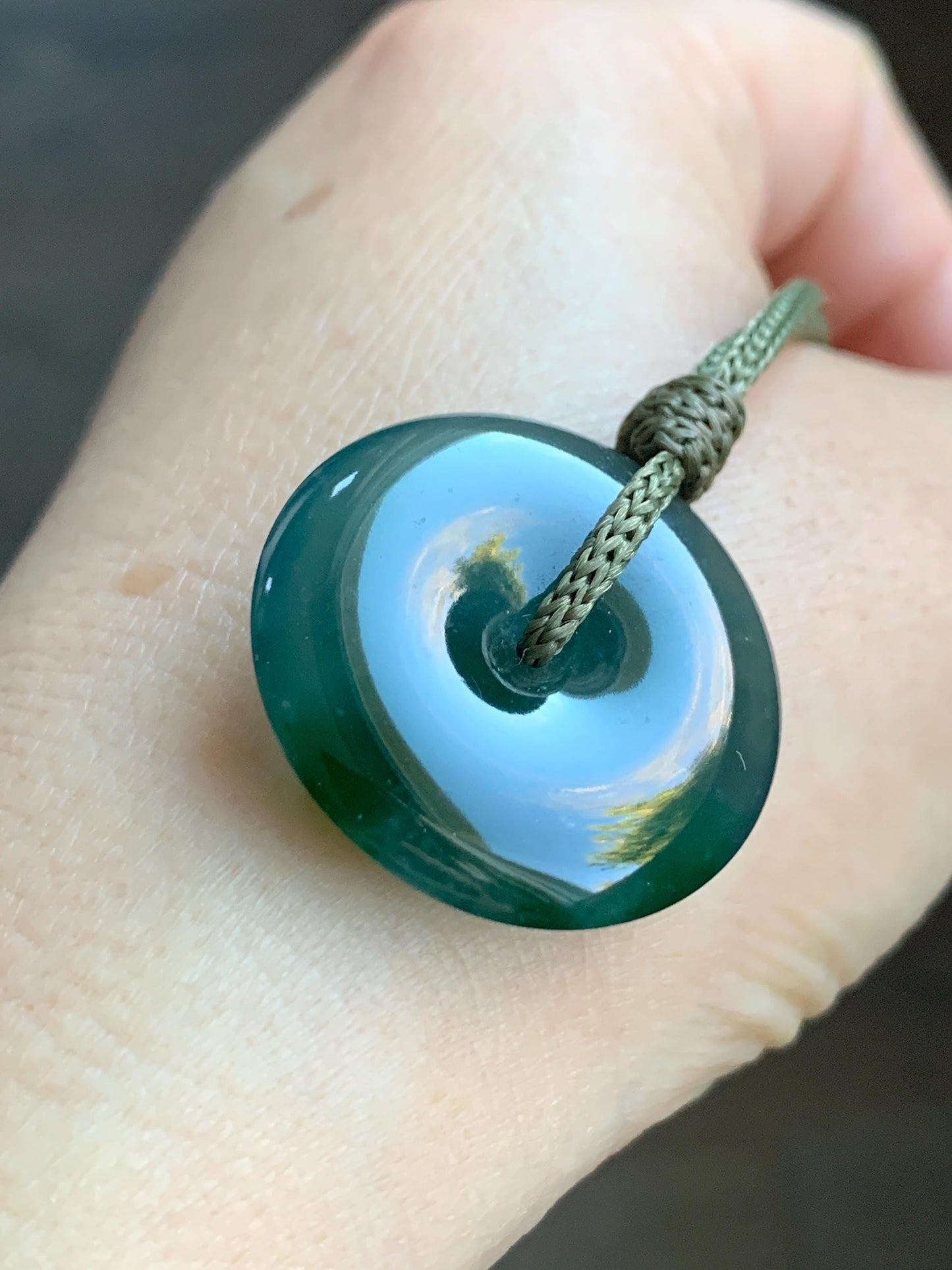 Certified Natural Icy Highly Translucent Premium Dark Teal Blue & Green Marbled Jadeite Ping An Kou Donut Pendant Rope Necklace 28” 7838