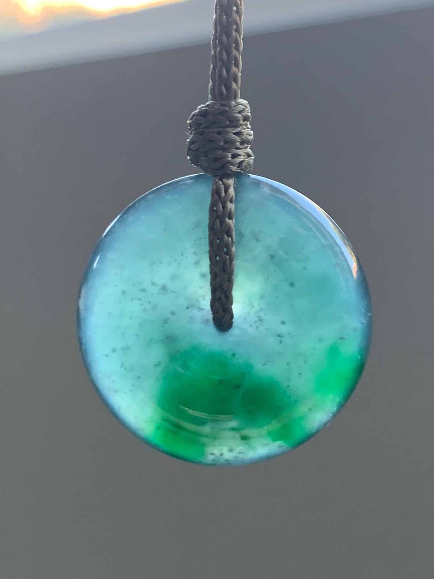 Certified Natural Icy Highly Translucent Premium Dark Teal Blue & Green Marbled Jadeite Ping An Kou Donut Pendant Rope Necklace 28” 7838