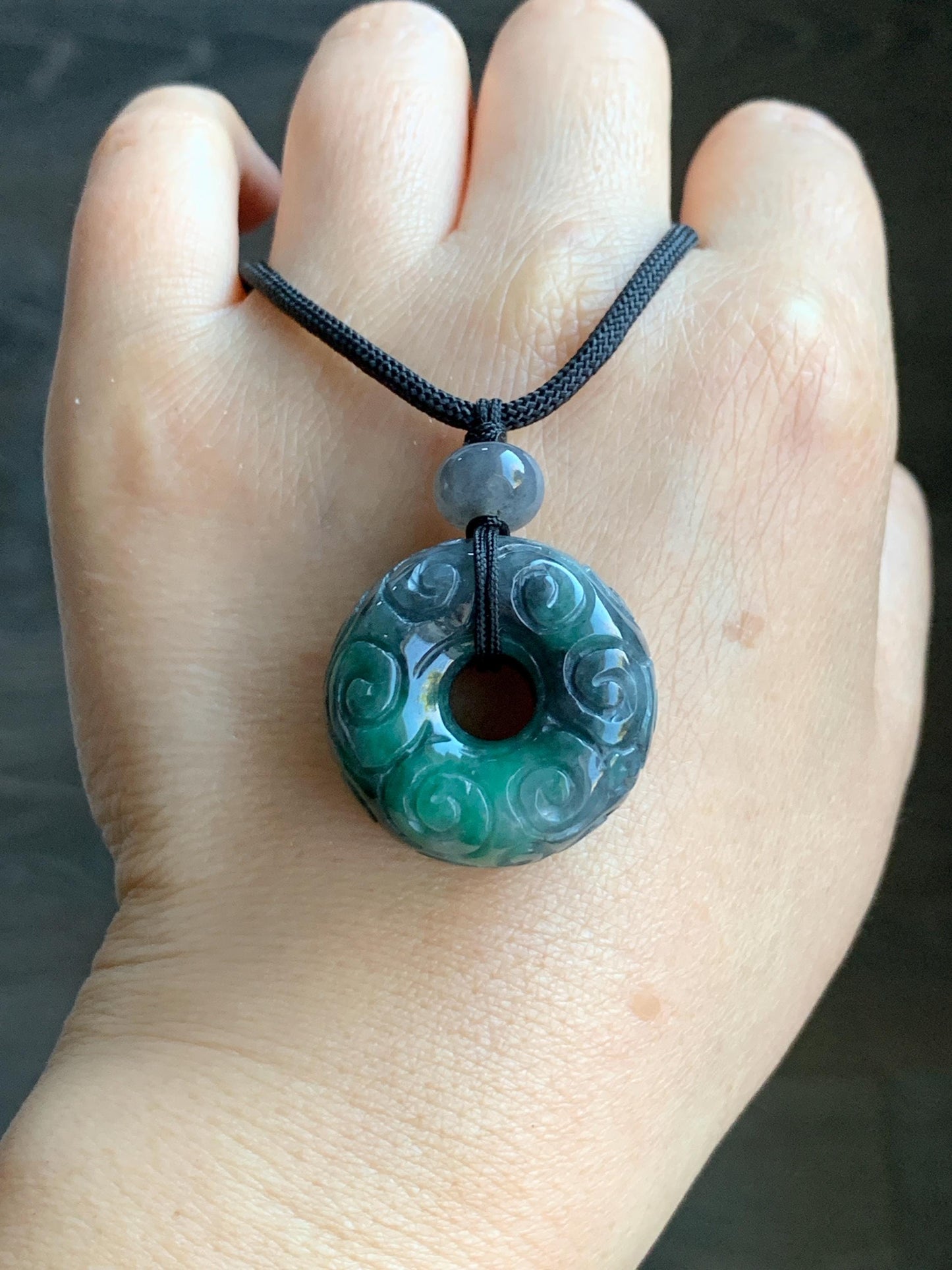 Natural Grade A Icy Translucent Wuji Vibrant Green Marbled Jadeite Pudgy Ping An Kou Donut Pendant Rope Necklace 25” 22g 天然乌鸡飘绿翡翠仿古平安肥扣吊坠