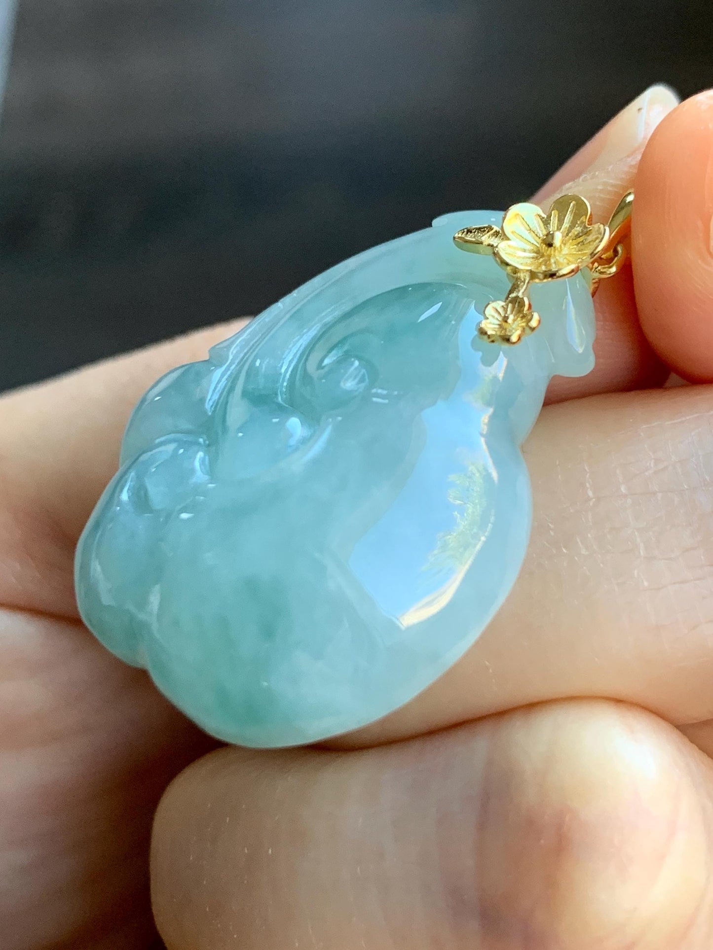 Natural Grade A Icy Translucent Gelatinous Light Greenish Blue Jadeite Pudgy Ruyi Pendant Sterling Silver Yellow Gold Finish 天然冰胶老种晴蓝底翡翠如意吊坠