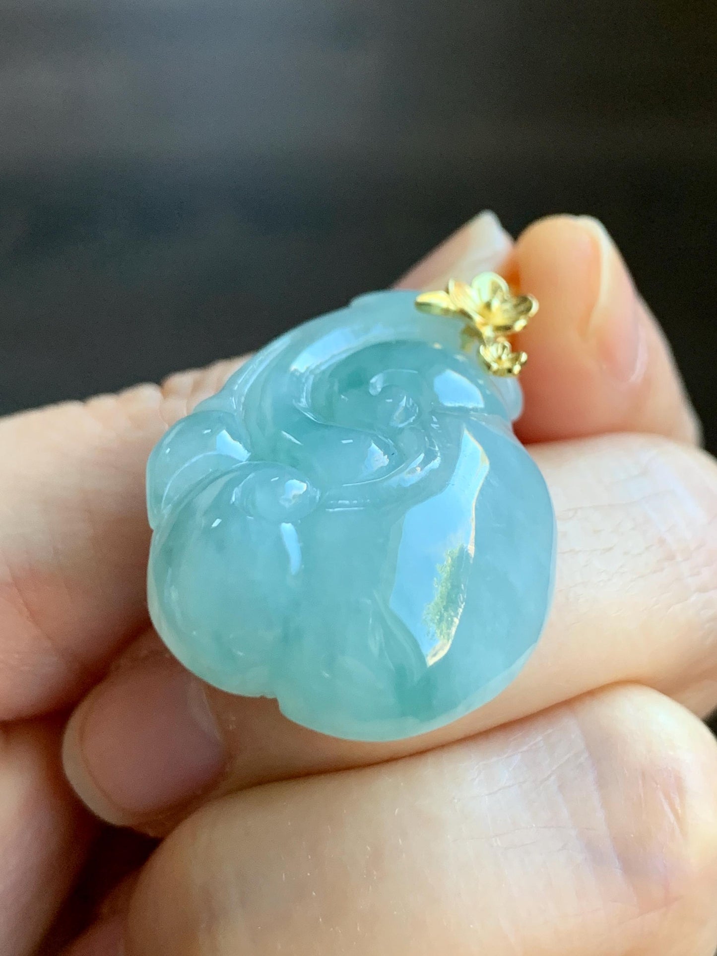 Natural Grade A Icy Translucent Gelatinous Light Greenish Blue Jadeite Pudgy Ruyi Pendant Sterling Silver Yellow Gold Finish 天然冰胶老种晴蓝底翡翠如意吊坠