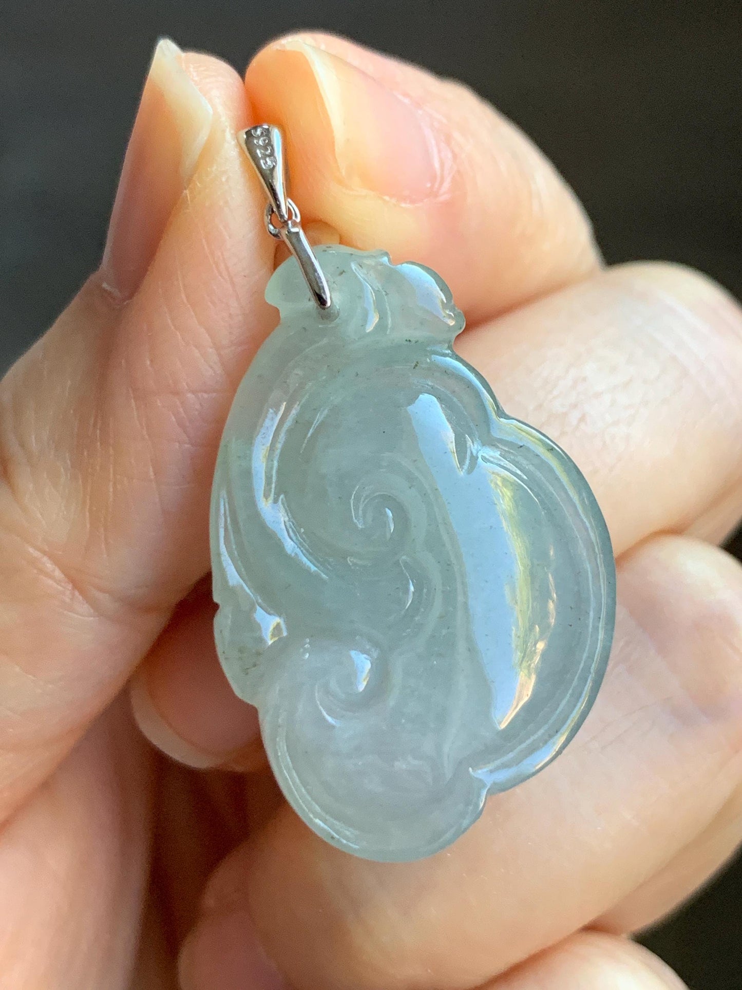 Natural Grade A Icy Highly Translucent Gelatinous Light Dusty Blue Jadeite Pudgy Ruyi Pendant Sterling Silver 9g 天然冰胶老种淡蓝底飘乌鸡翡翠如意吊坠