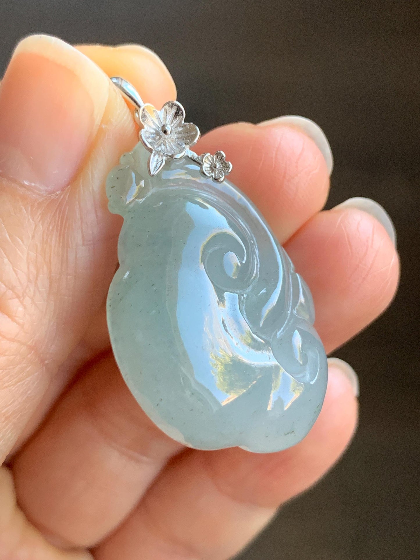 Natural Grade A Icy Highly Translucent Gelatinous Light Dusty Blue Jadeite Pudgy Ruyi Pendant Sterling Silver 9g 天然冰胶老种淡蓝底飘乌鸡翡翠如意吊坠