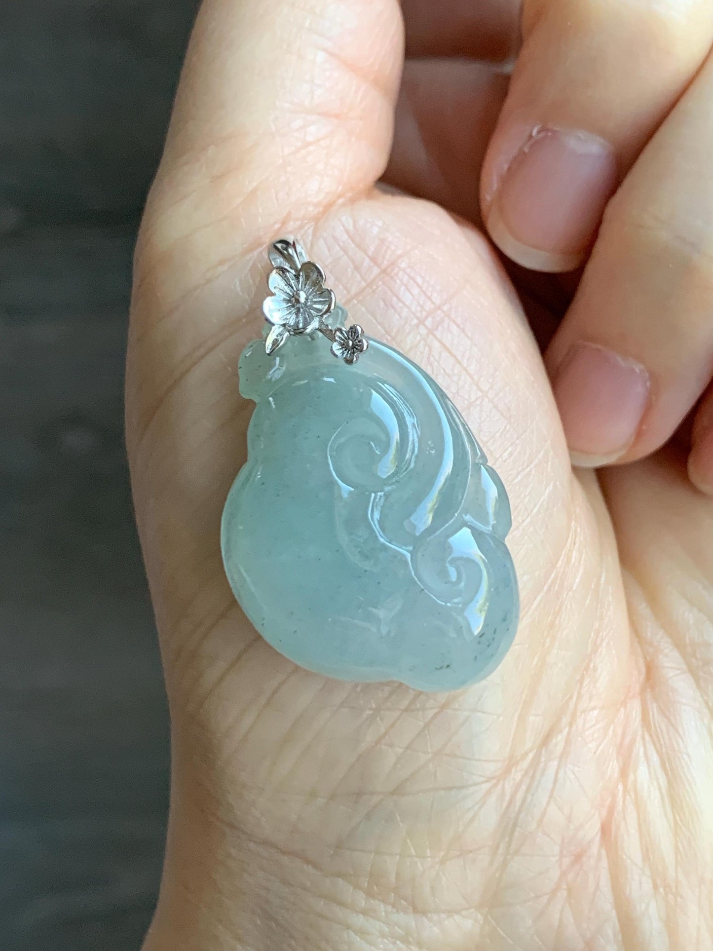 Natural Grade A Icy Highly Translucent Gelatinous Light Dusty Blue Jadeite Pudgy Ruyi Pendant Sterling Silver 9g 天然冰胶老种淡蓝底飘乌鸡翡翠如意吊坠