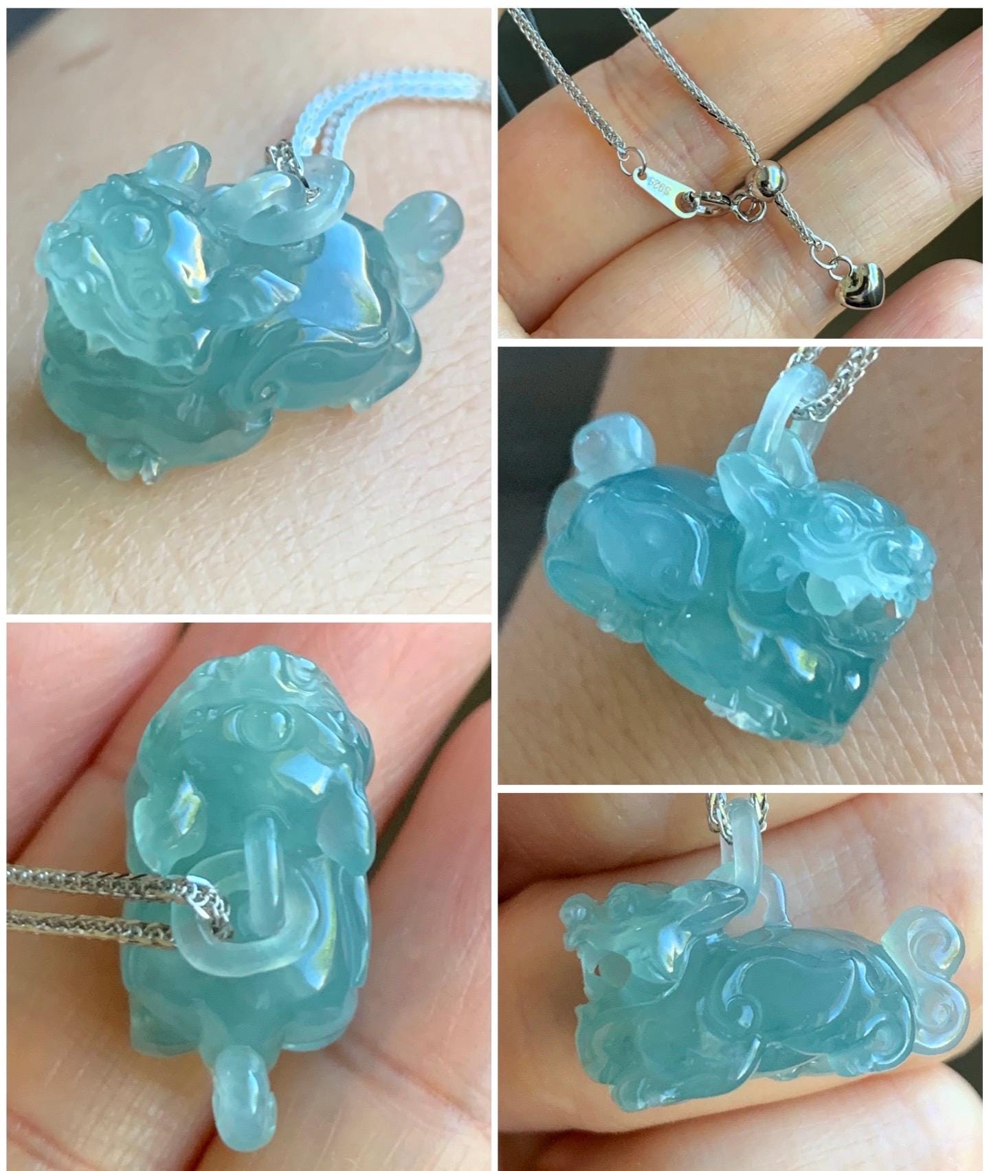 Certified Natural Icy Highly Translucent Gelatinous Teal Blue Jadeite Pixiu with Bail Pendant Sterling Silver Chain 天然老种冰危蓝翡翠含珠貔貅吊坠套链 7795