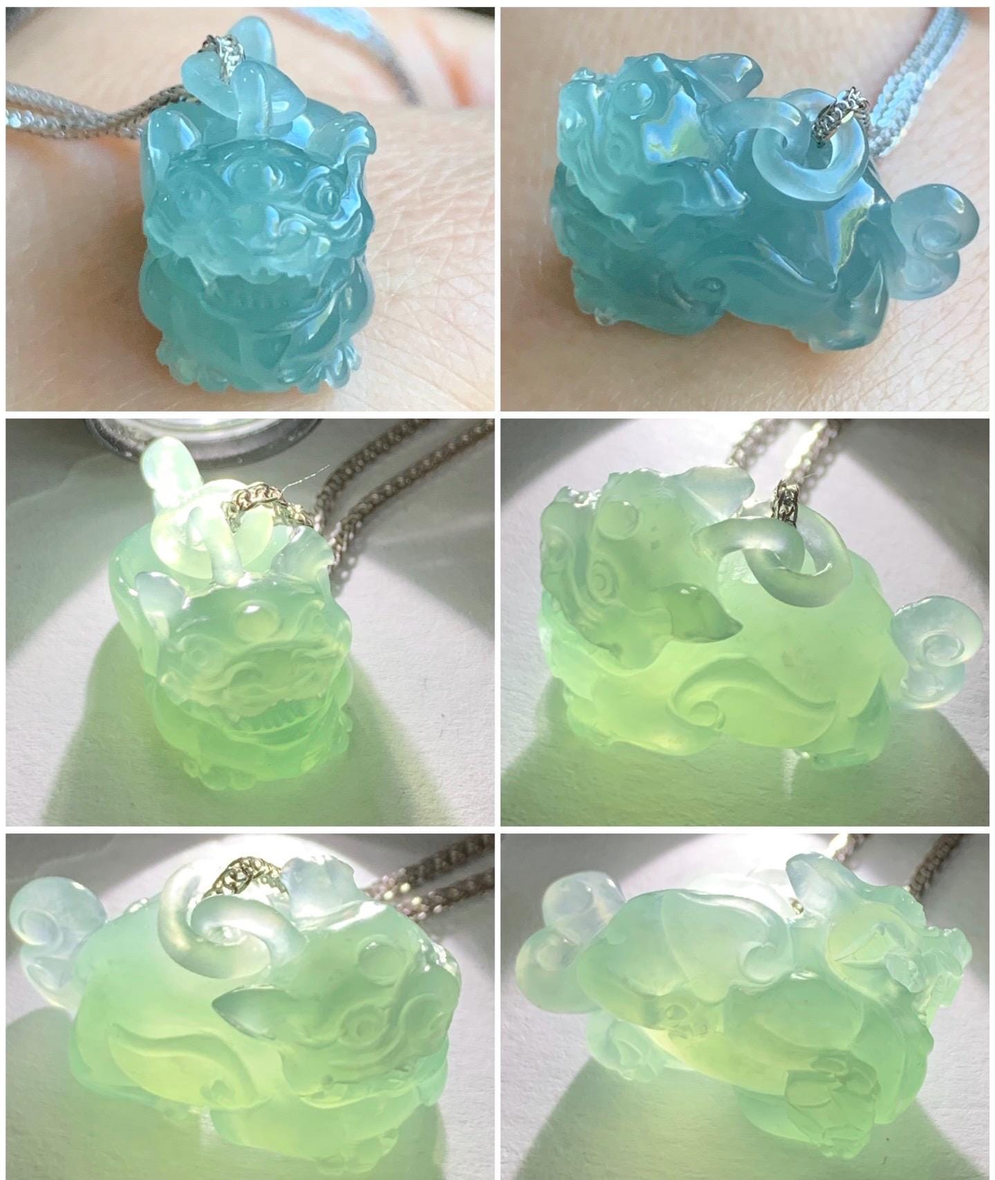 Certified Natural Icy Highly Translucent Gelatinous Teal Blue Jadeite Pixiu with Bail Pendant Sterling Silver Chain 天然老种冰危蓝翡翠含珠貔貅吊坠套链 7795