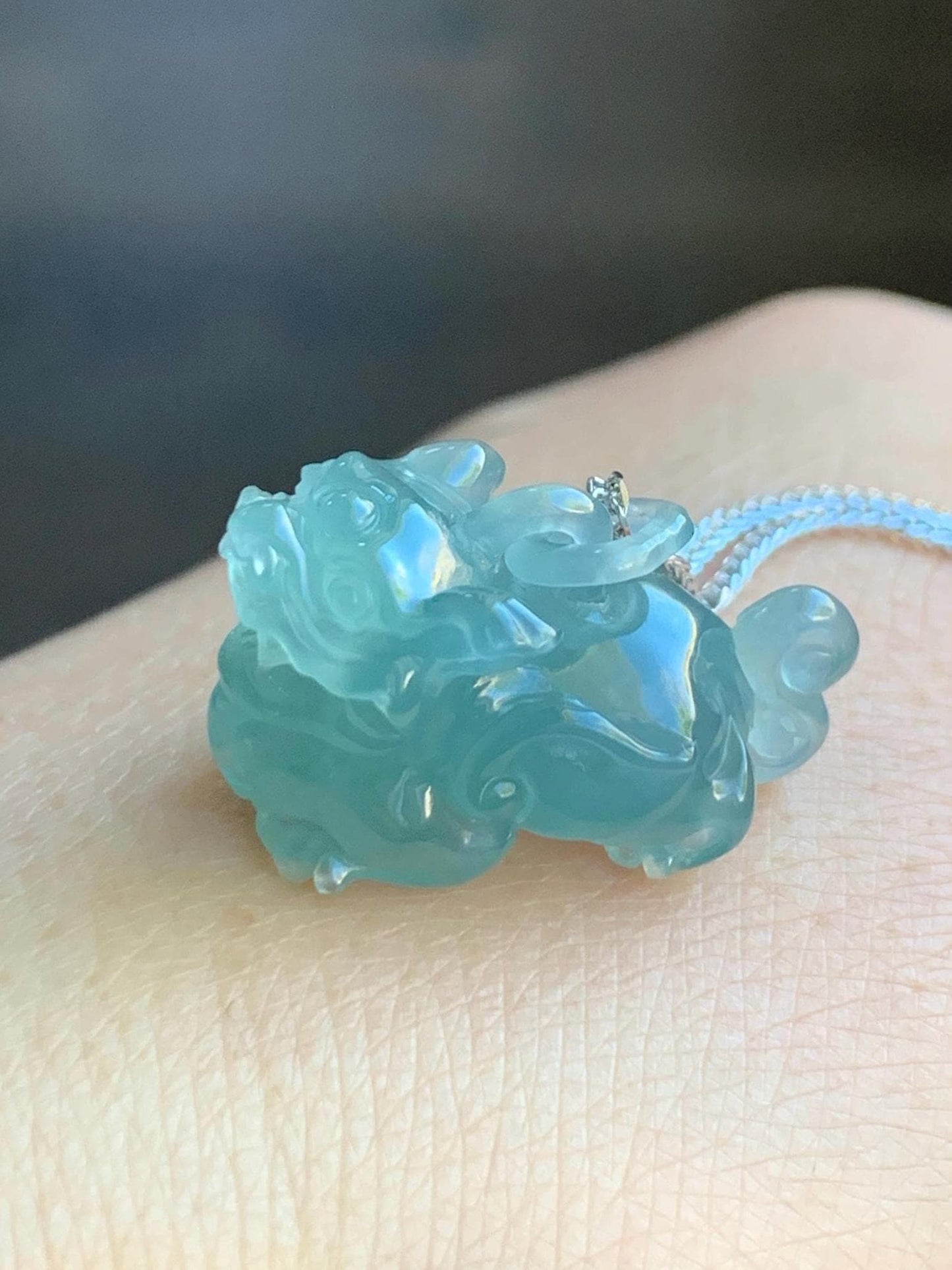 Certified Natural Icy Highly Translucent Gelatinous Teal Blue Jadeite Pixiu with Bail Pendant Sterling Silver Chain 天然老种冰危蓝翡翠含珠貔貅吊坠套链 7795
