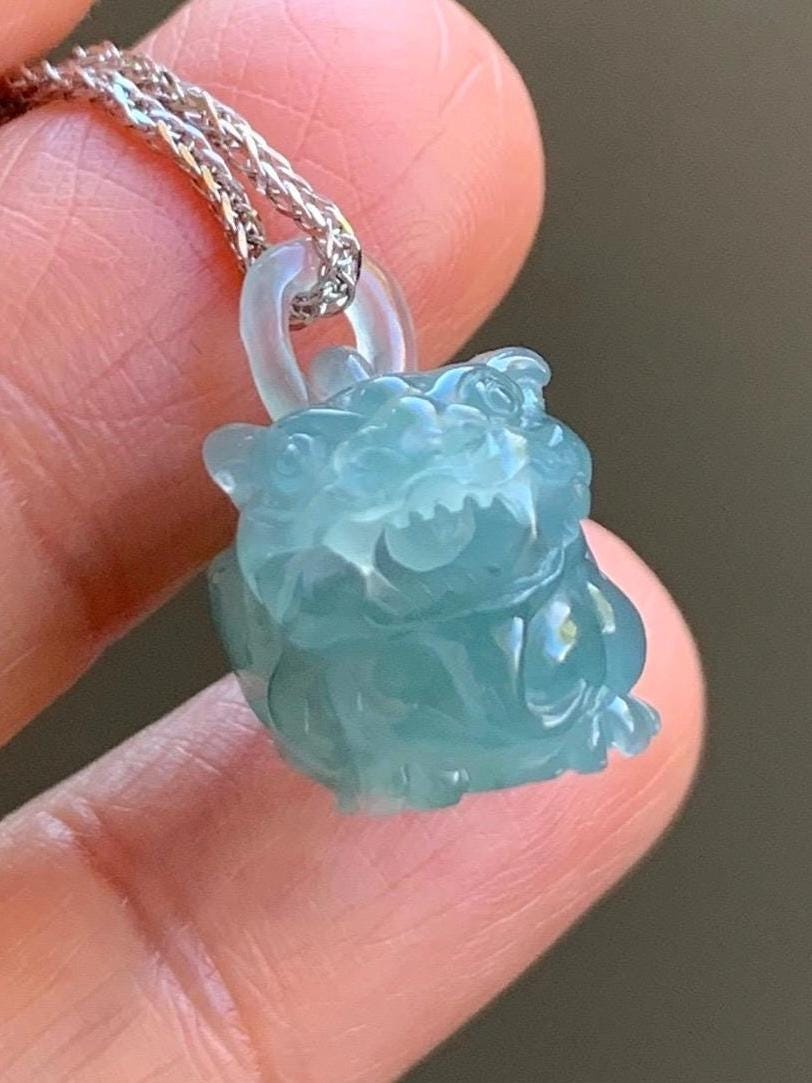 Certified Natural Icy Highly Translucent Gelatinous Teal Blue Jadeite Pixiu with Bail Pendant Sterling Silver Chain 天然老种冰危蓝翡翠含珠貔貅吊坠套链 7795