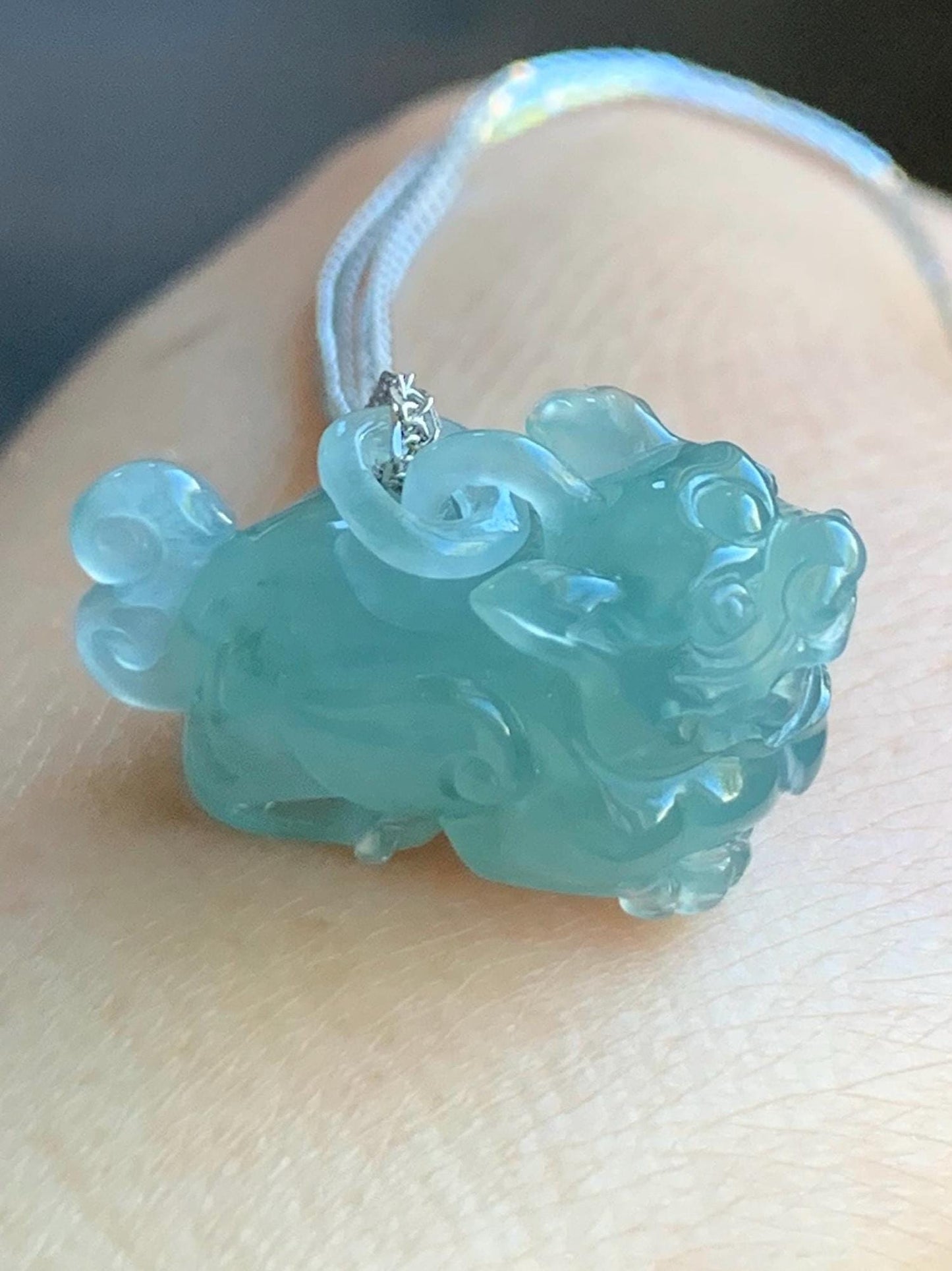 Certified Natural Icy Highly Translucent Gelatinous Teal Blue Jadeite Pixiu with Bail Pendant Sterling Silver Chain 天然老种冰危蓝翡翠含珠貔貅吊坠套链 7795