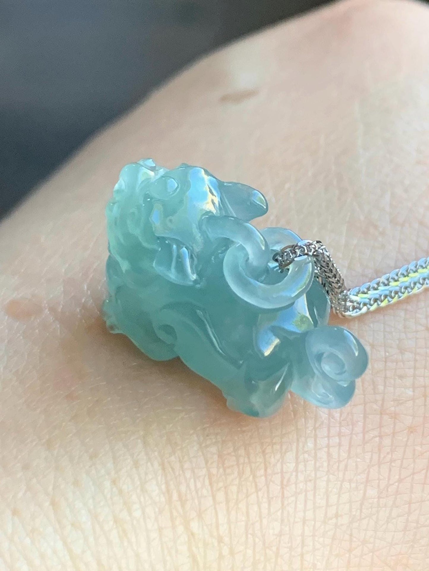 Certified Natural Icy Highly Translucent Gelatinous Teal Blue Jadeite Pixiu with Bail Pendant Sterling Silver Chain 天然老种冰危蓝翡翠含珠貔貅吊坠套链 7795
