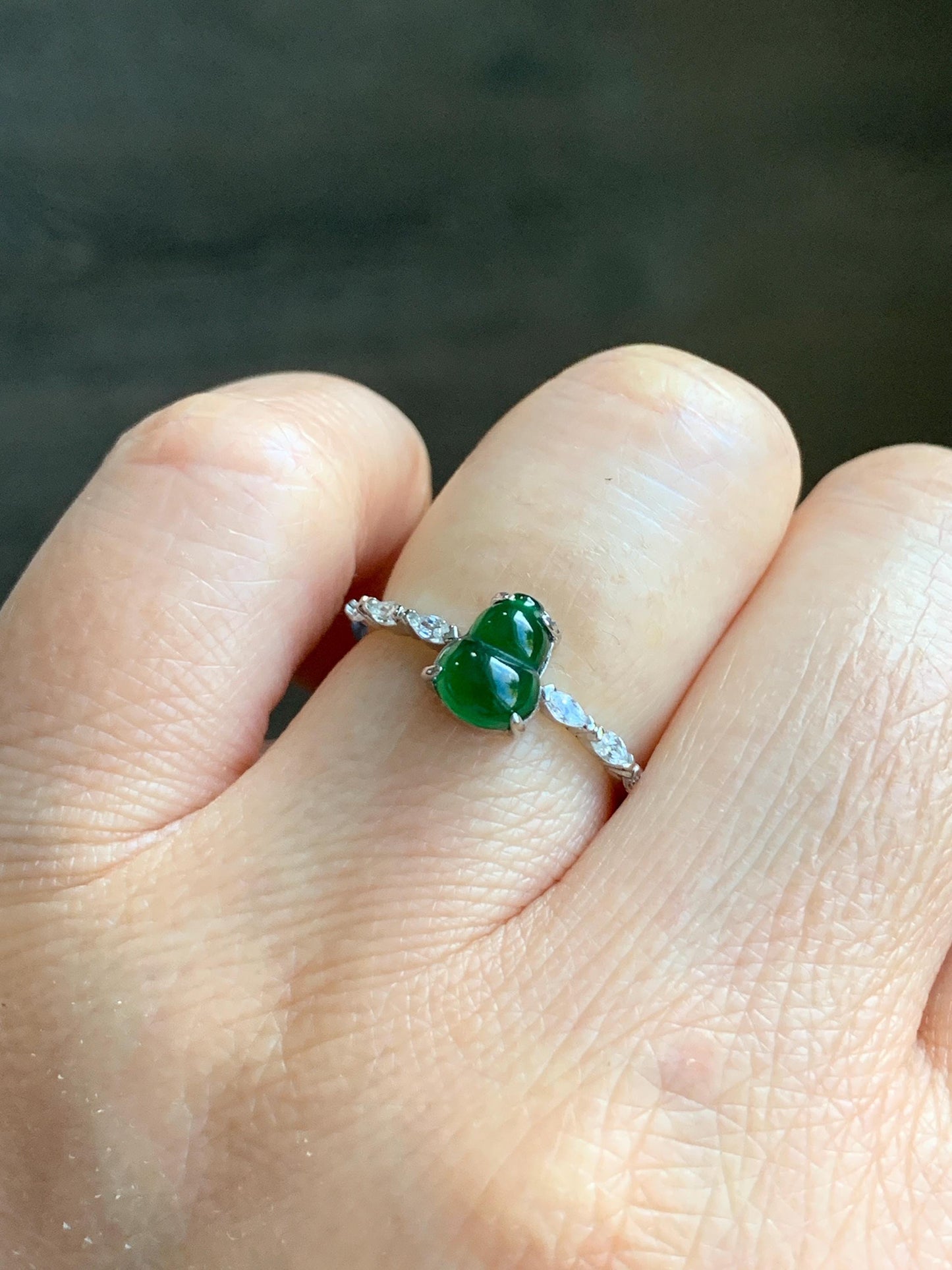 Natural Grade A Icy Translucent Green Jadeite Gourd Hulu Solitaire Ring Sterling Silver Size Adjustable 天然冰危绿翡翠葫芦蛋面银镶戒指 HL50