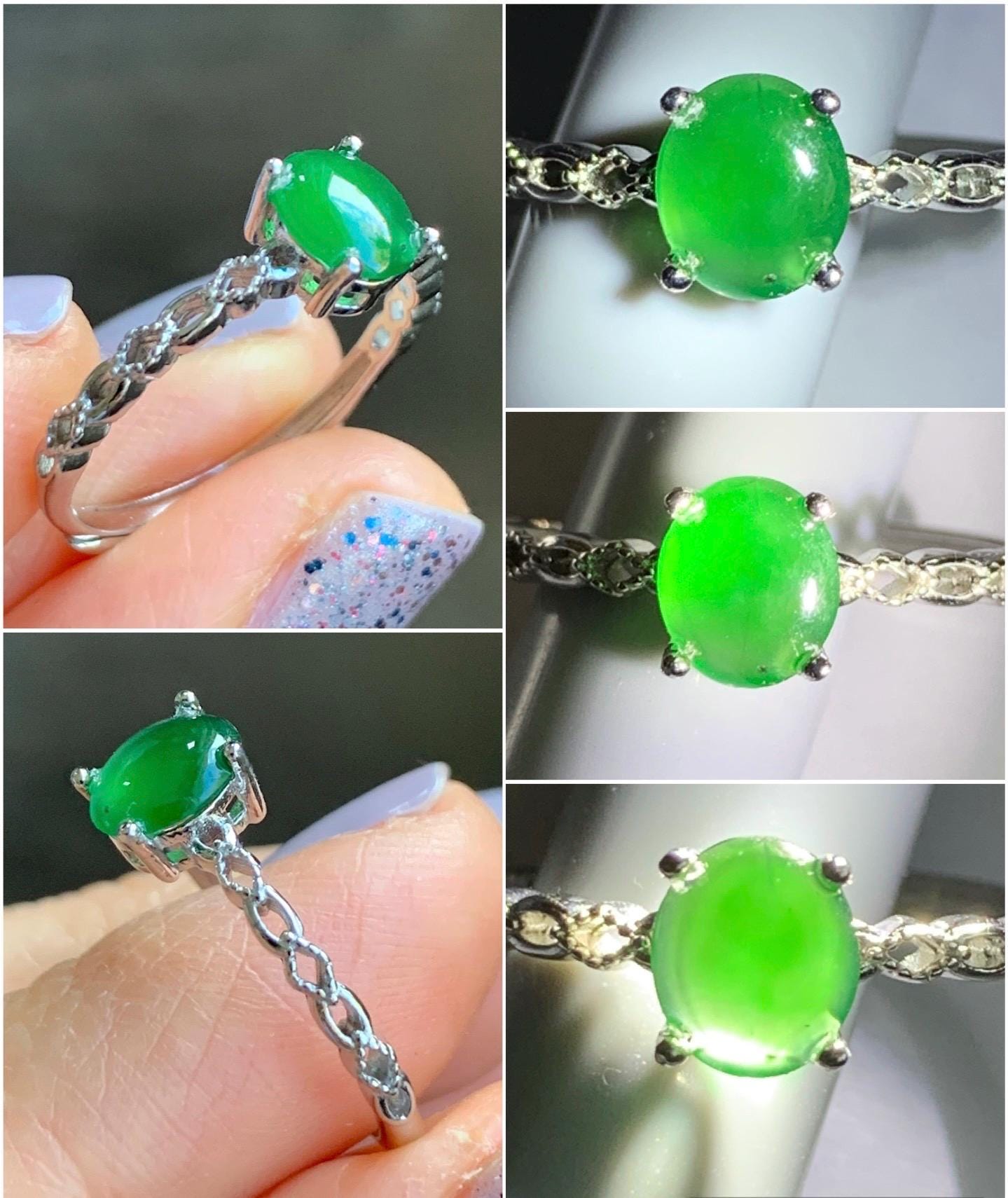 Natural Grade A Icy Highly Translucent Green Jadeite Oval Cabochon Solitaire Ring Sterling Silver Size Adjustable 天然冰危绿翡翠蛋面银镶戒指 YDQ98