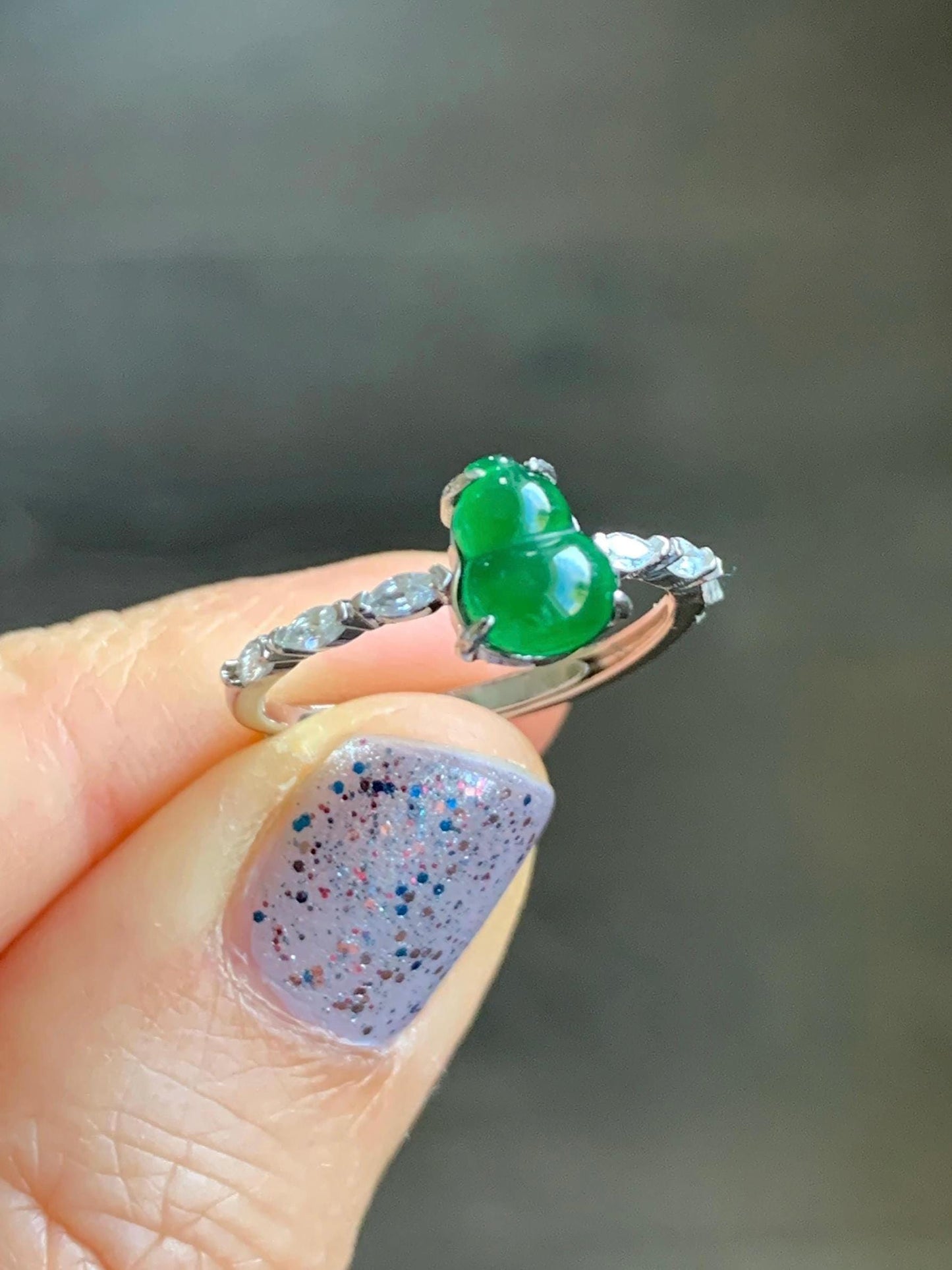 Natural Grade A Icy Translucent Green Jadeite Gourd Hulu Solitaire Ring Sterling Silver Size Adjustable 天然冰危绿翡翠葫芦蛋面银镶戒指 HL50