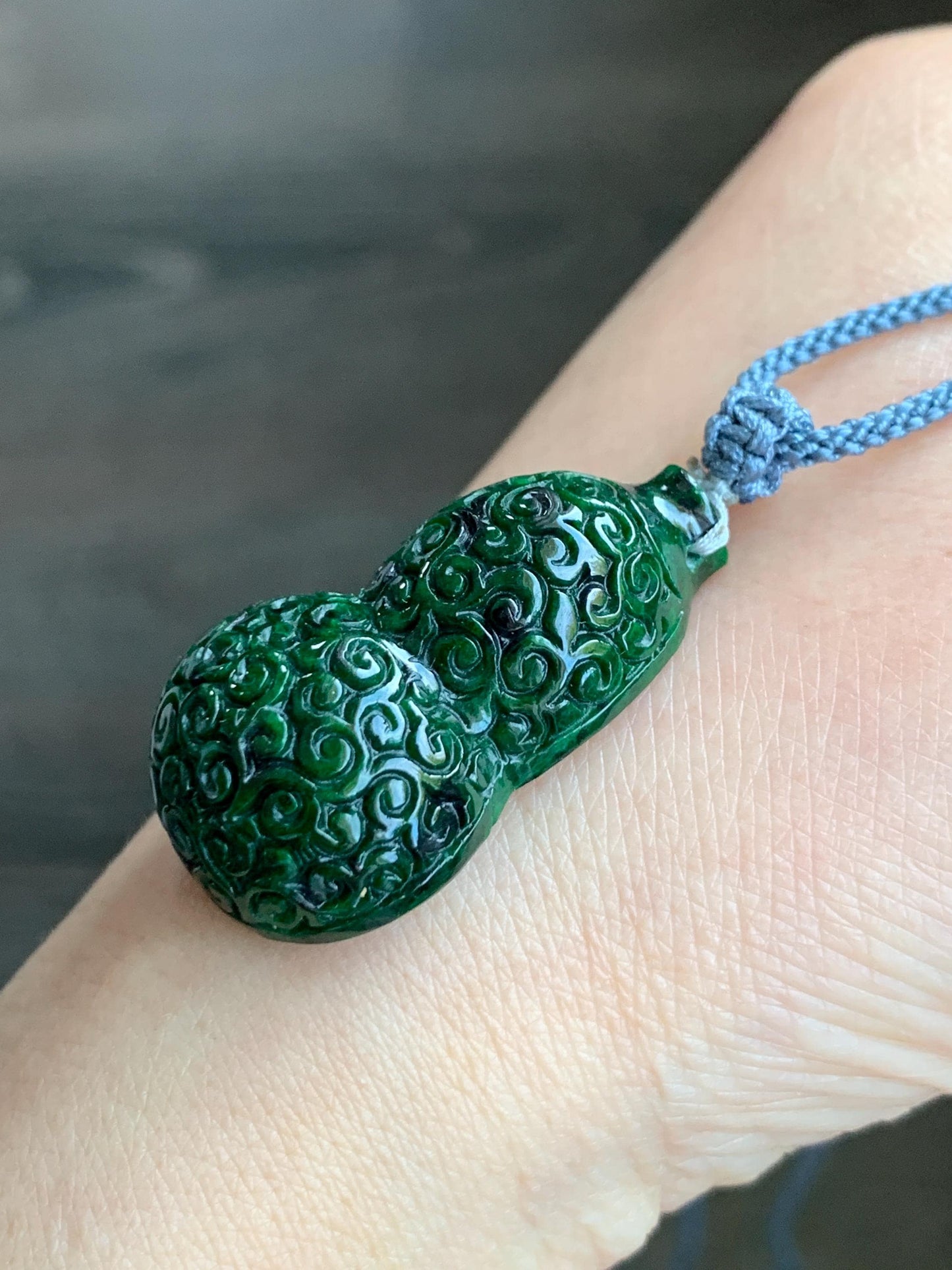 Natural Grade A Icy Dark Green Vibrant Green Marbled Jadeite Engraved Gourd Hulu Pendant Rope Necklace Adjustable