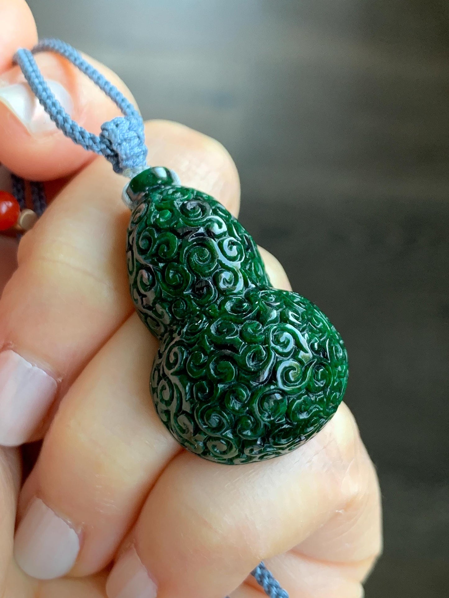 Natural Grade A Icy Dark Green Vibrant Green Marbled Jadeite Engraved Gourd Hulu Pendant Rope Necklace Adjustable
