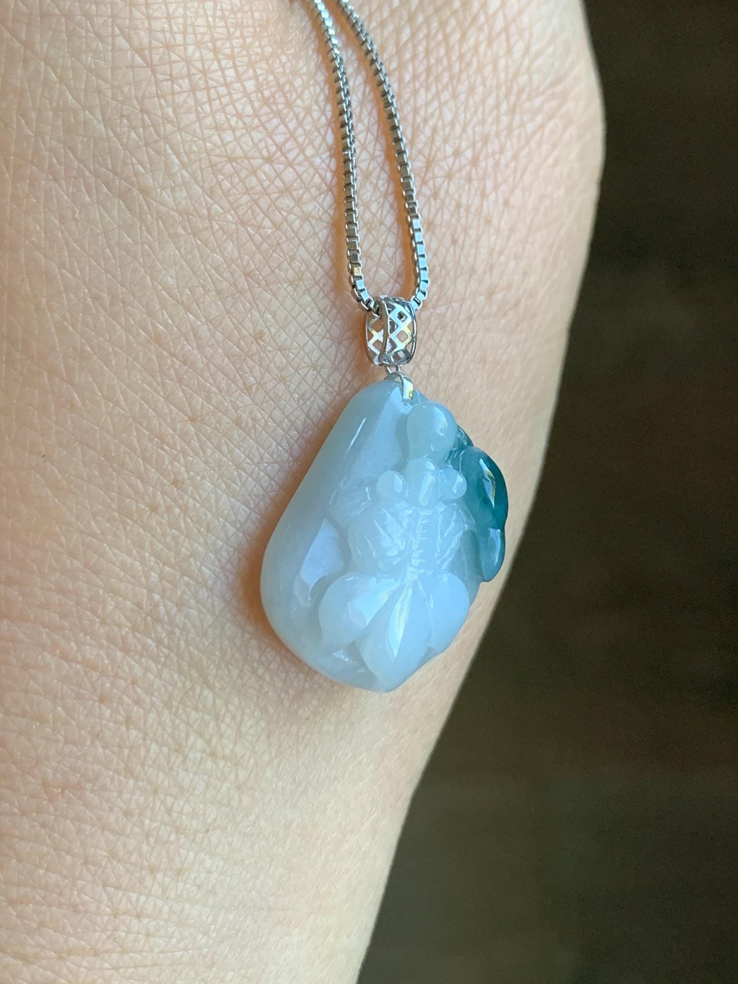 Natural Grade A Icy Translucent White & Dark Teal Blue Marbled Jadeite Carved Goldfish Lily Pad Pendant 18K White Gold 3g 天然冰飘蓝花翡翠金鱼满堂镶嵌吊坠
