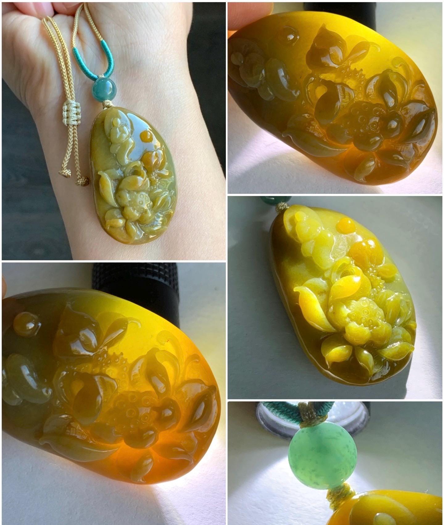 Natural Grade A Icy Translucent Intense Yellow Marbled Jadeite Lotus Flower & Chanting Monk Pendant Rope Necklace 25” 27g 天然冰危油黄翡翠梅花鹿吊坠挂件