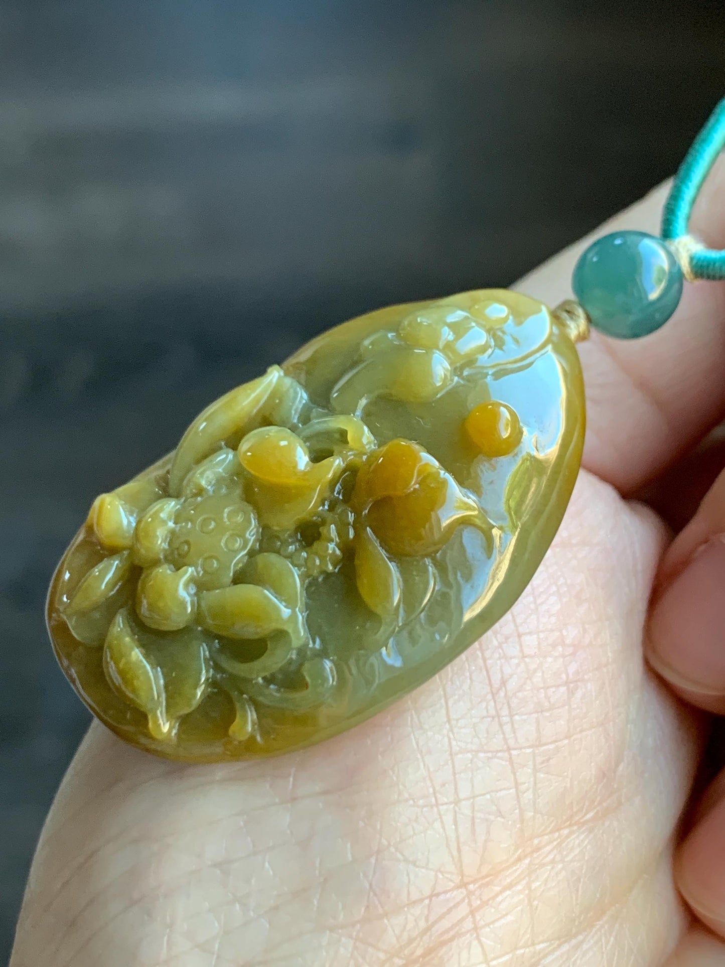 Natural Grade A Icy Translucent Intense Yellow Marbled Jadeite Lotus Flower & Chanting Monk Pendant Rope Necklace 25” 27g 天然冰危油黄翡翠梅花鹿吊坠挂件