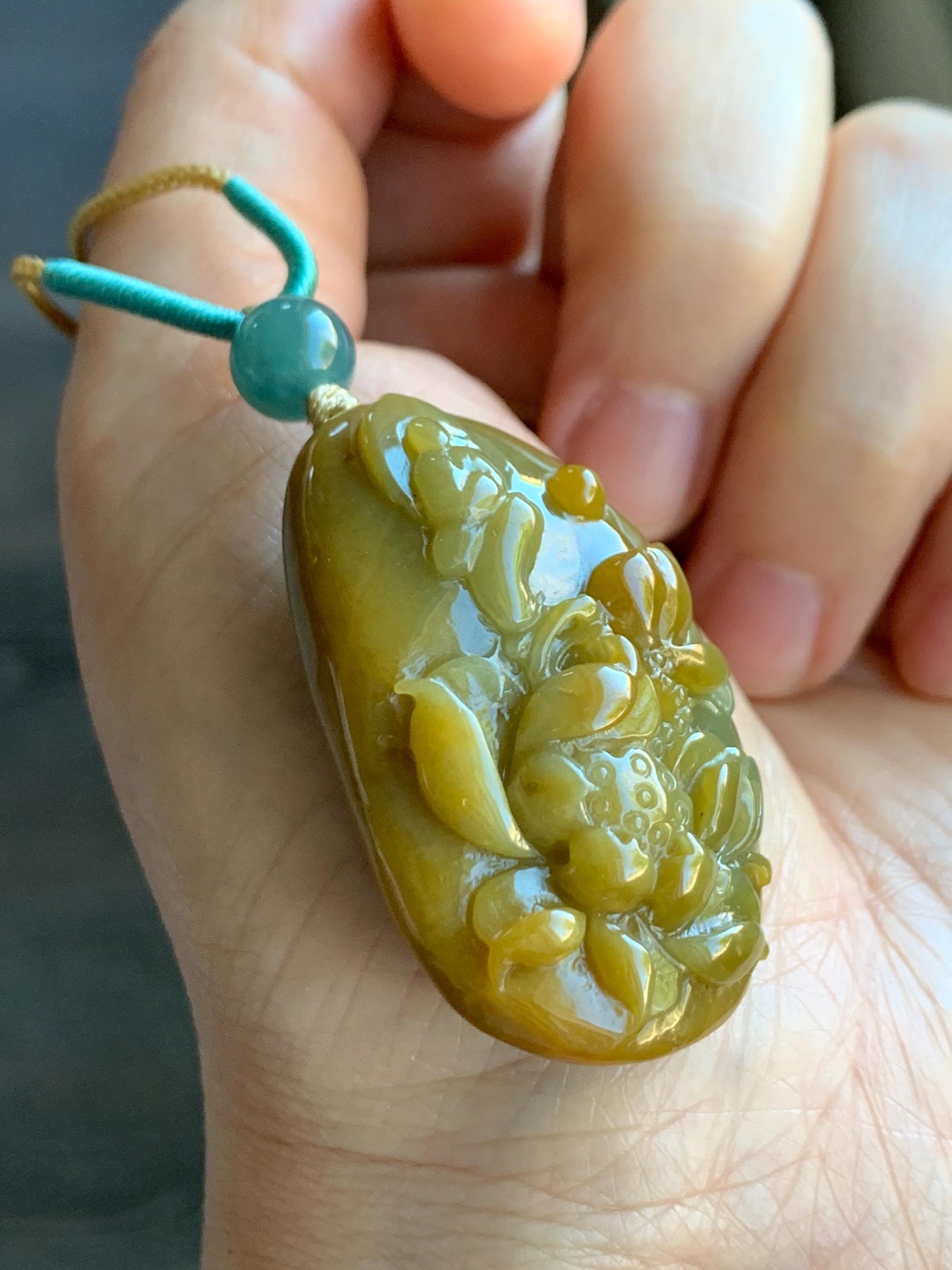 Natural Grade A Icy Translucent Intense Yellow Marbled Jadeite Lotus Flower & Chanting Monk Pendant Rope Necklace 25” 27g 天然冰危油黄翡翠梅花鹿吊坠挂件