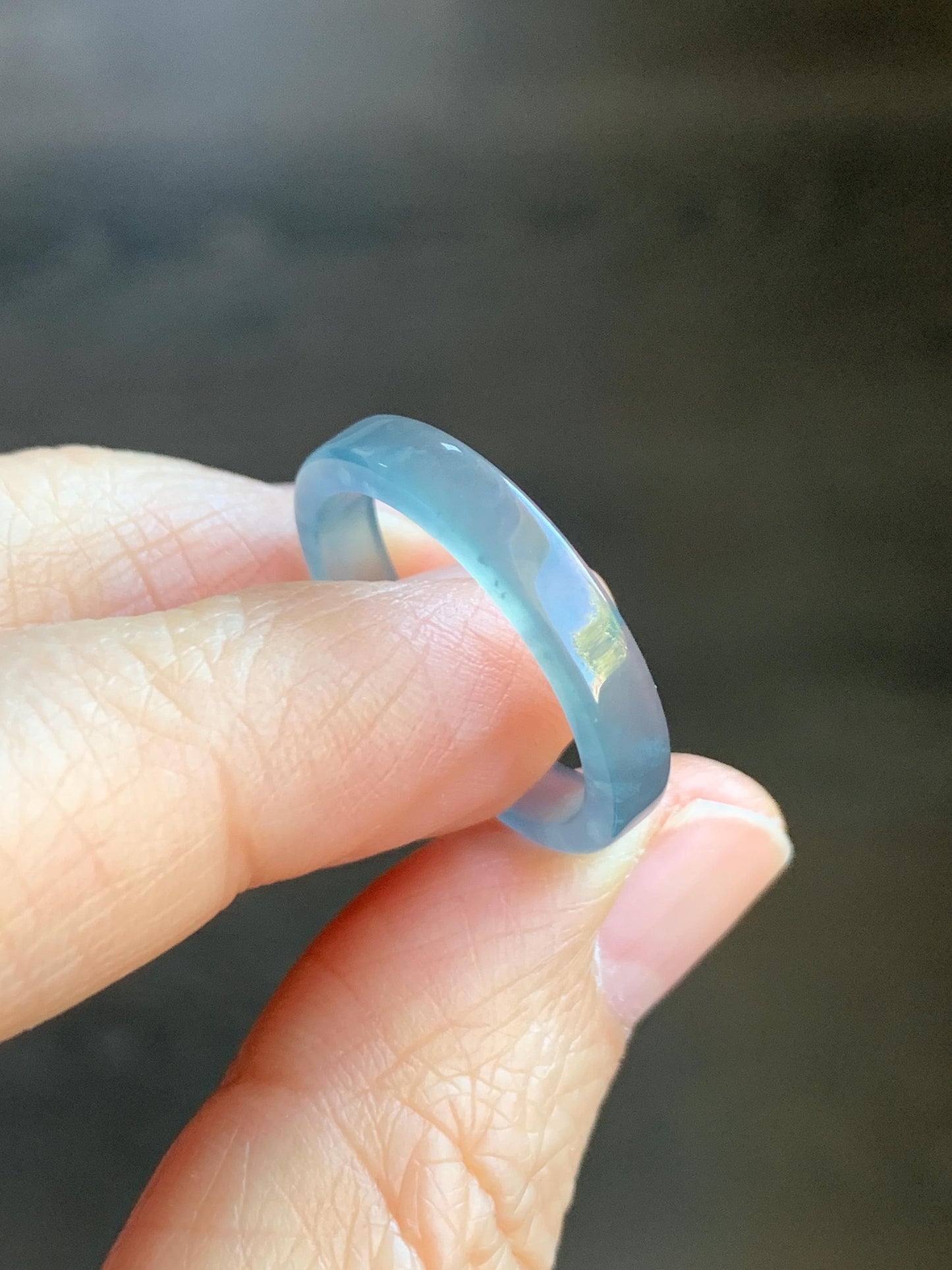 Natural Grade A Icy Highly Translucent Teal Blue Jadeite Square Edged Band Ring Size 8 US 天然冰危蓝起光翡翠角戒戒圈 LJJ70-1