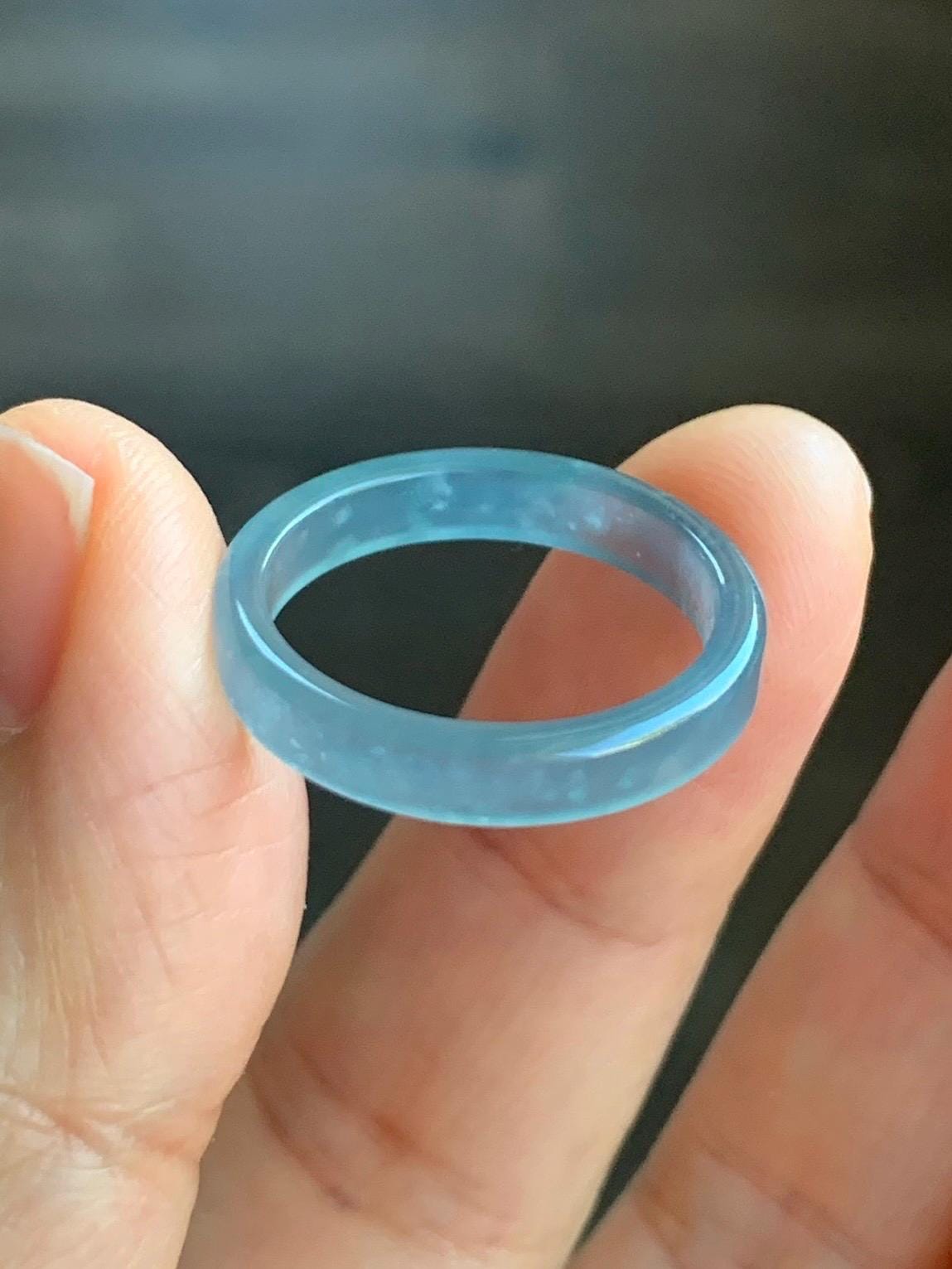Natural Grade A Icy Highly Translucent Teal Blue Jadeite Square Edged Band Ring Size 8 US 天然冰危蓝起光翡翠角戒戒圈 LJJ70-1