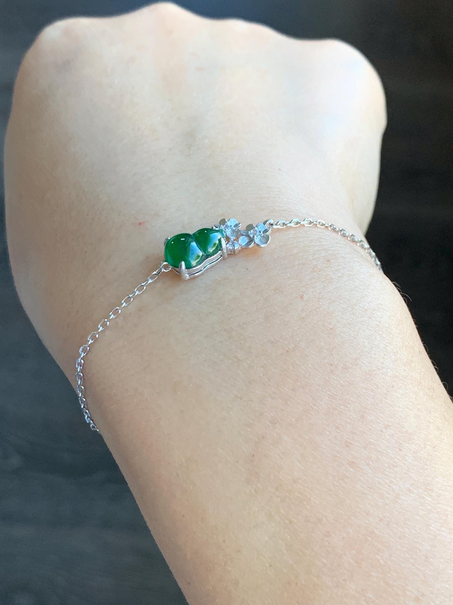 Natural Grade A Guatemalan Icy Translucent Vibrant Green Gourd Hulu Jadeite & Flowers Chain Bracelet Sterling Silver 6.5" 天然冰危绿翡翠葫芦梅花银手链