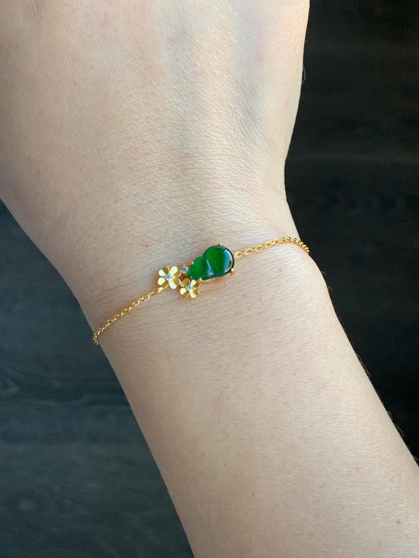 Natural Grade A Guatemalan Icy Translucent Vibrant Green Gourd Hulu Jadeite & Flowers Chain Bracelet Sterling Silver 6.5" 天然冰危绿翡翠葫芦梅花银手链