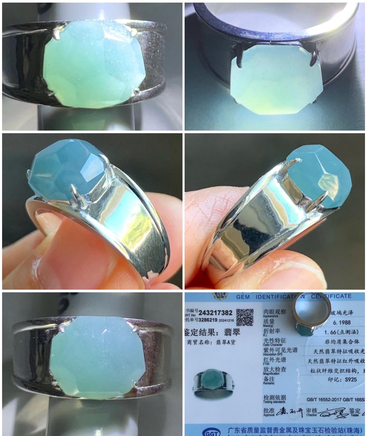 Certified Natural Garde A Icy Translucent Dusty Blue Faceted Jadeite Cabochon Ring Sterling Silver Size 7.25 US 6.2g 天然冰危深蓝切割面翡翠银镶戒指 7382