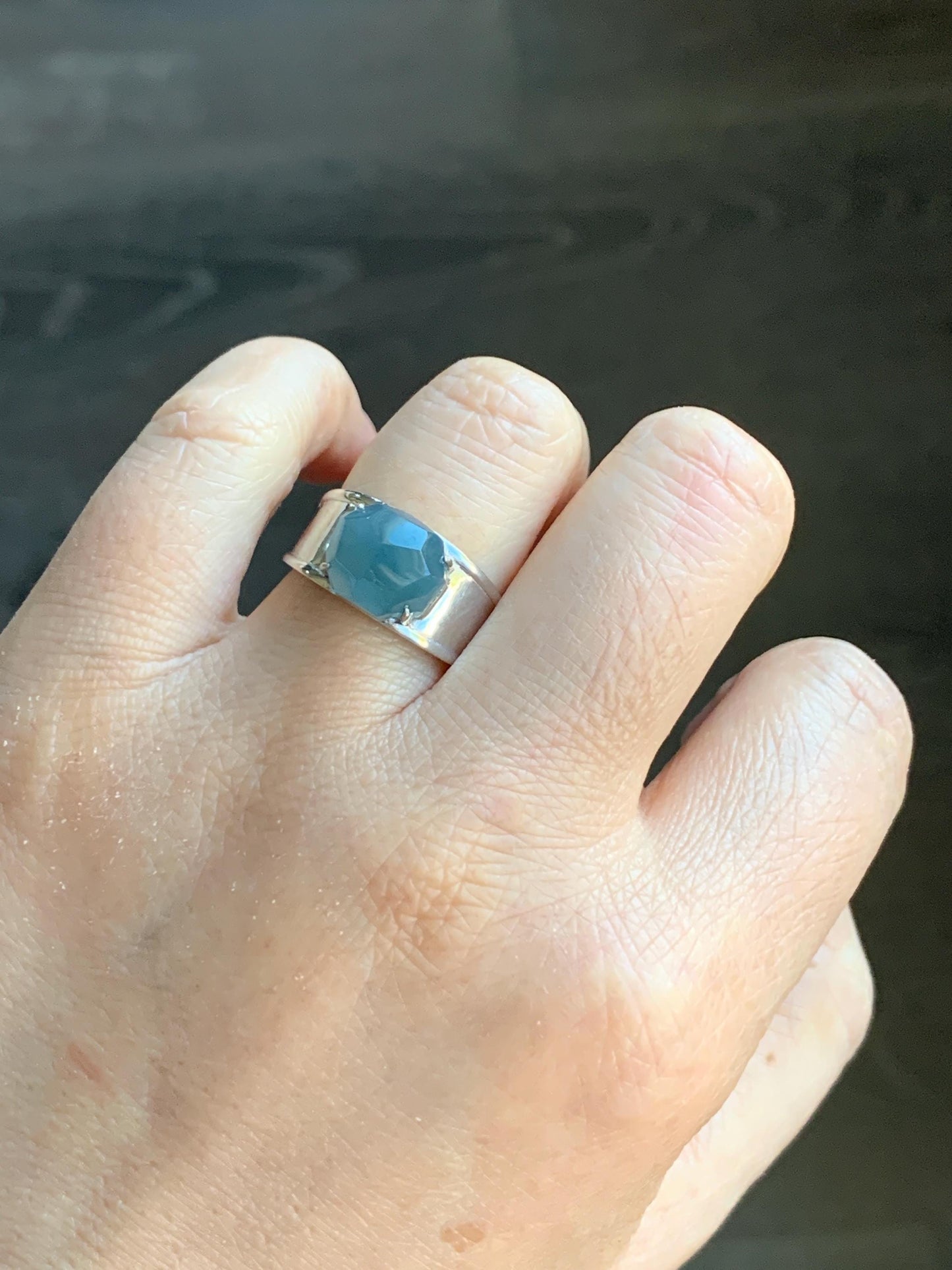 Certified Natural Garde A Icy Translucent Dusty Blue Faceted Jadeite Cabochon Ring Sterling Silver Size 7.25 US 6.2g 天然冰危深蓝切割面翡翠银镶戒指 7382