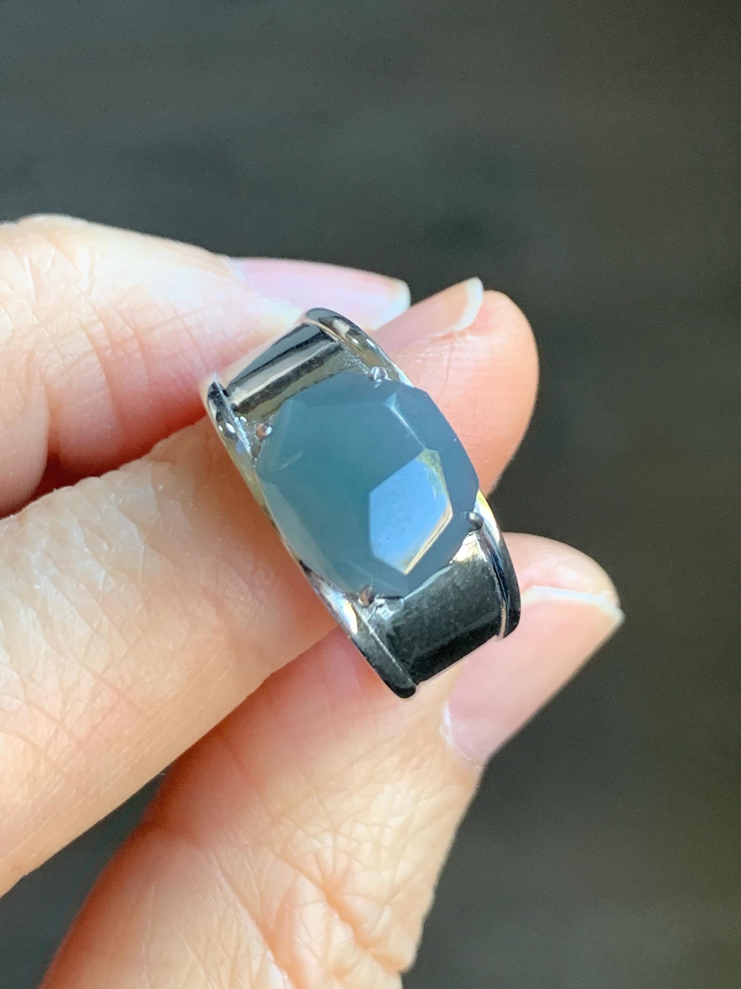 Certified Natural Garde A Icy Translucent Dusty Blue Faceted Jadeite Cabochon Ring Sterling Silver Size 7.25 US 6.2g 天然冰危深蓝切割面翡翠银镶戒指 7382