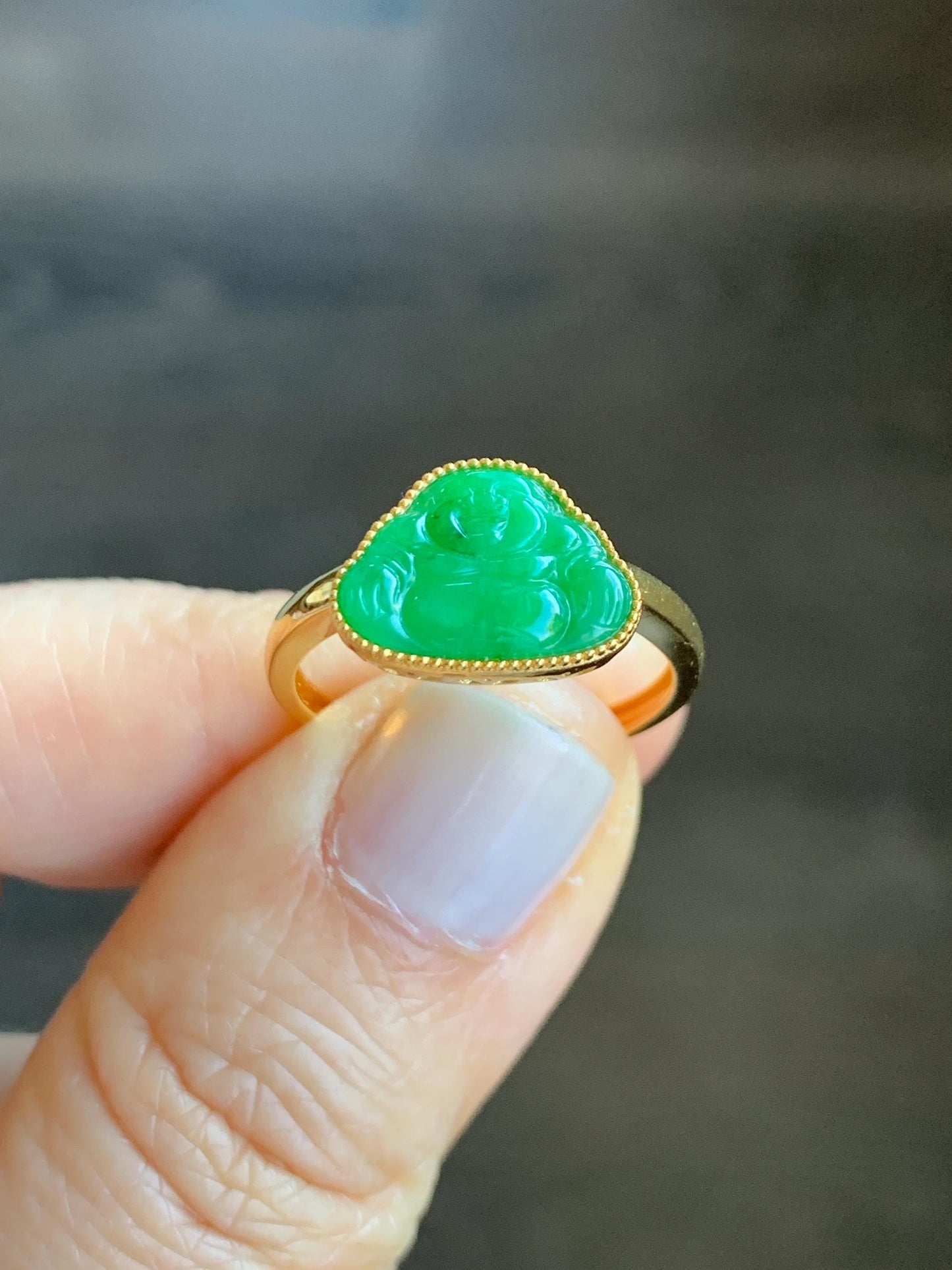 Certified Grade A Natural Icy Translucent Bright Vibrant Green Jadeite Buddha Ring Solid 18K Yellow Gold Size 7.25 US