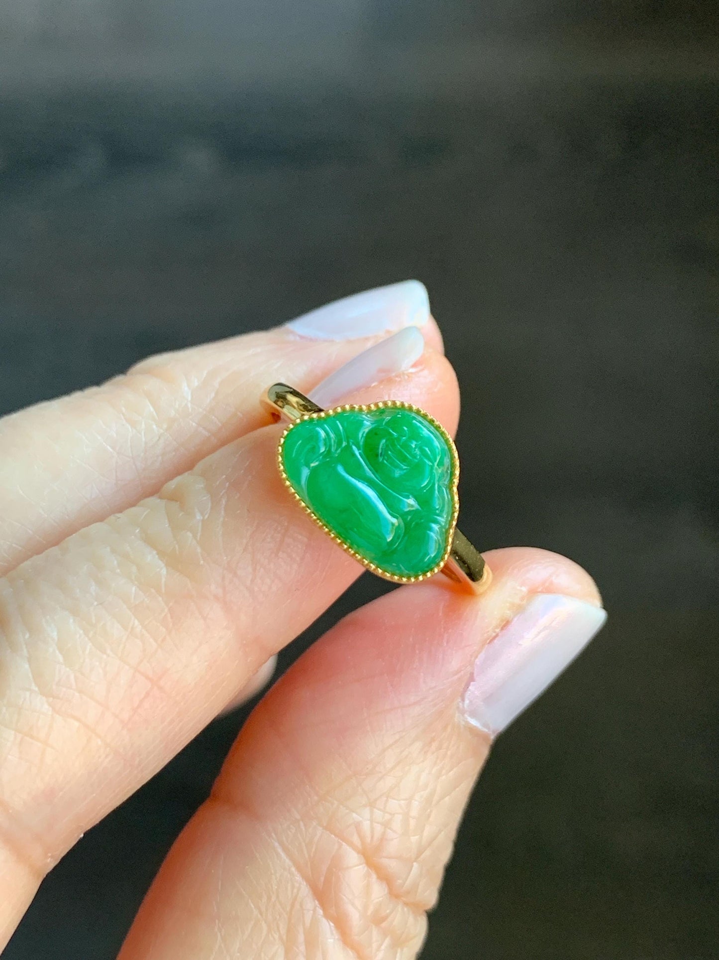Certified Grade A Natural Icy Translucent Bright Vibrant Green Jadeite Buddha Ring Solid 18K Yellow Gold Size 7.25 US